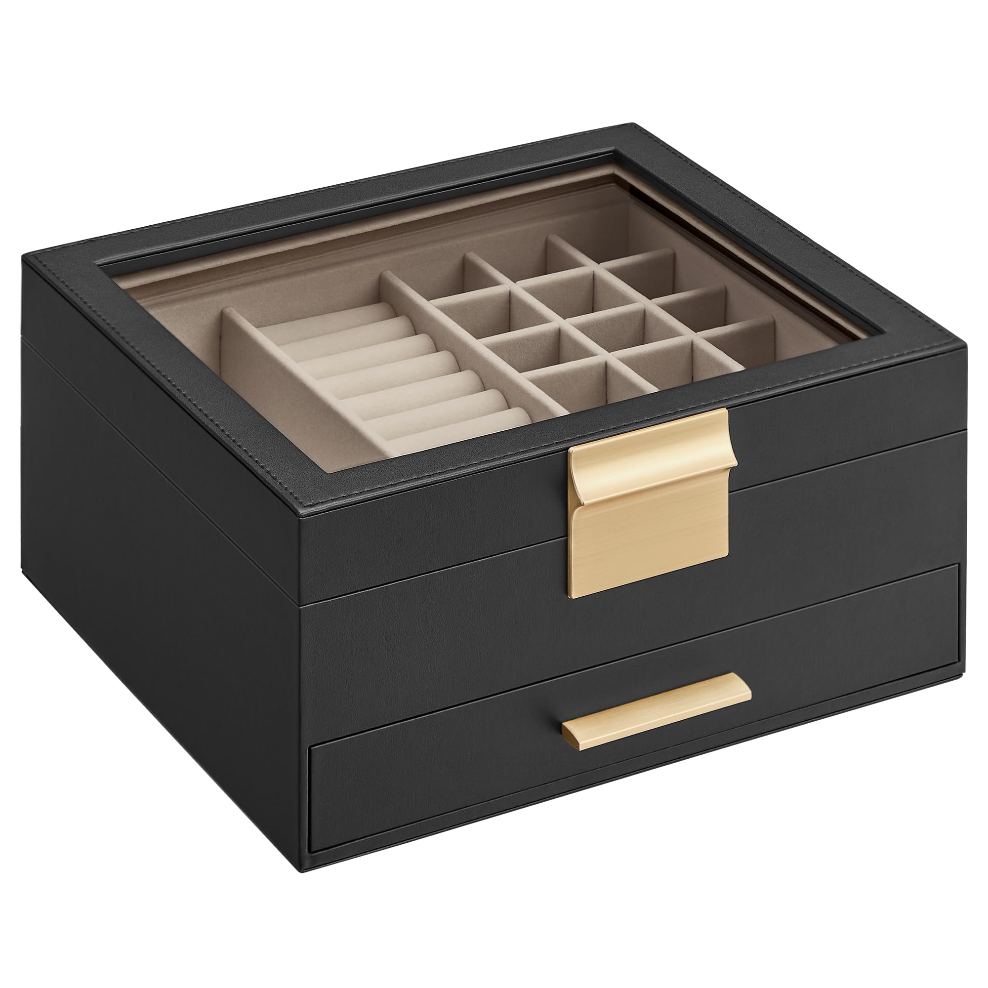 SONGMICS Jewelry Box with Glass Lid, 3-Layer Jewelry Organizer, 2 Drawers, for Big and Small Jewelry, Jewelry Storage, Modern Style, 8 x 9.1 x 5.3 Inches, Cloud White and Gold Color UJBC239WT