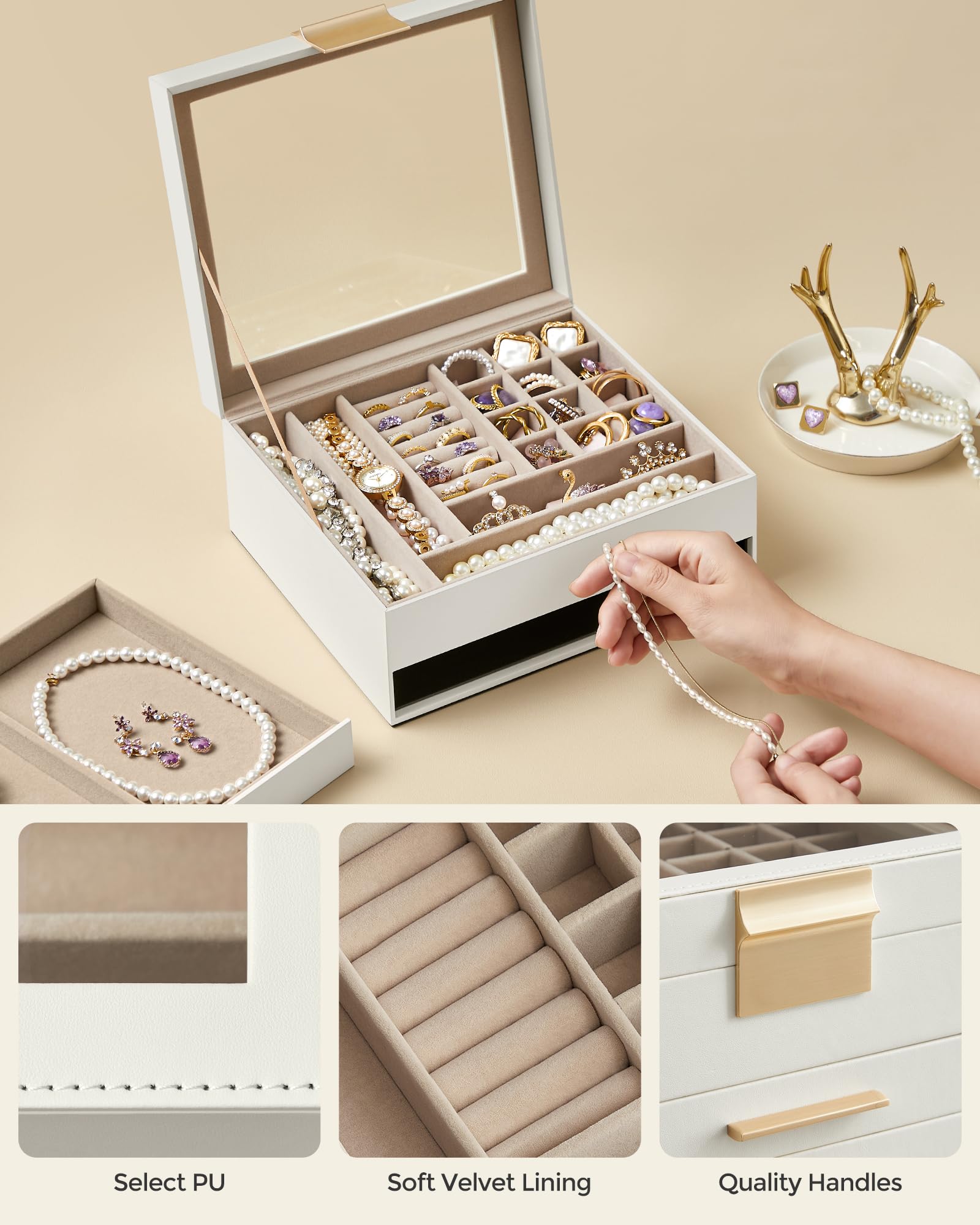 SONGMICS Jewelry Box with Glass Lid, 3-Layer Jewelry Organizer, 2 Drawers, for Big and Small Jewelry, Jewelry Storage, Modern Style, 8 x 9.1 x 5.3 Inches, Cloud White and Gold Color UJBC239WT