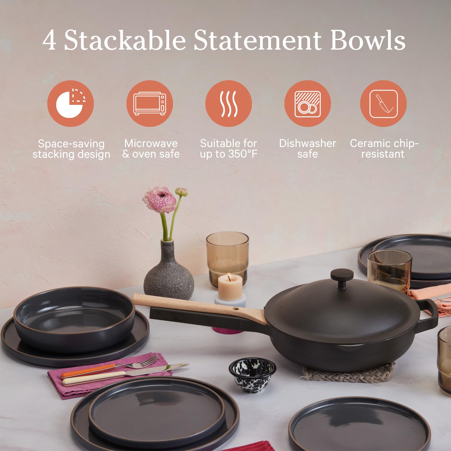 Our Place Dinner Bowls - Set of Four 8.5" Handcrafted Ceramic Bowls | Half-Plate, Half-Bowl Design for Pasta, Salads, & More | Chip-Resistant, Restaurant-Grade, Stackable | Steam