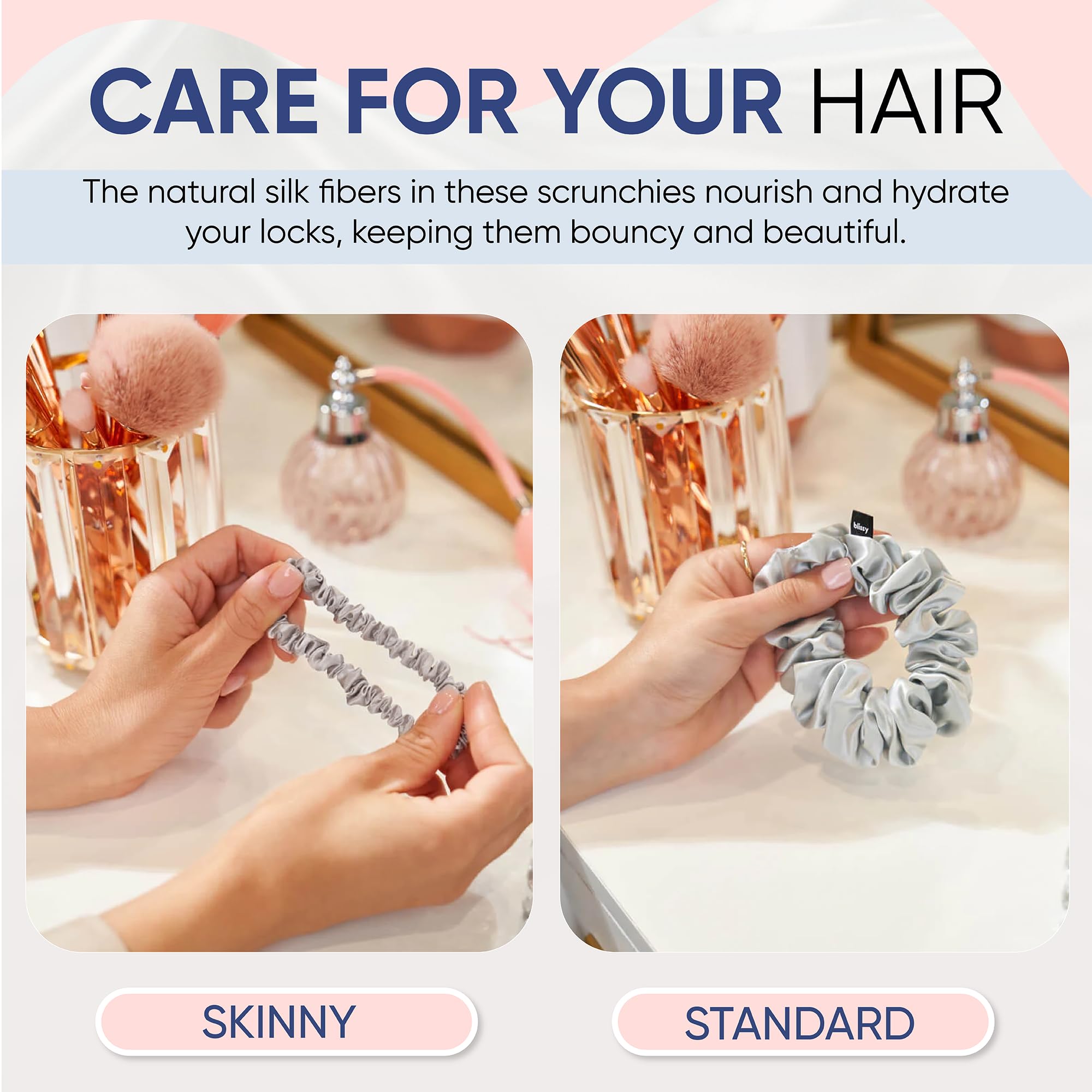 Blissy Silk Scrunchies (3 Pack) - 100% Pure Mulberry Silk - 22 Momme 6A High-Grade Fibers - Silk Scrunchie for Straight & Curly Hair - Preventing Breakage, Tangling, & Creasing (Rose Skinny)