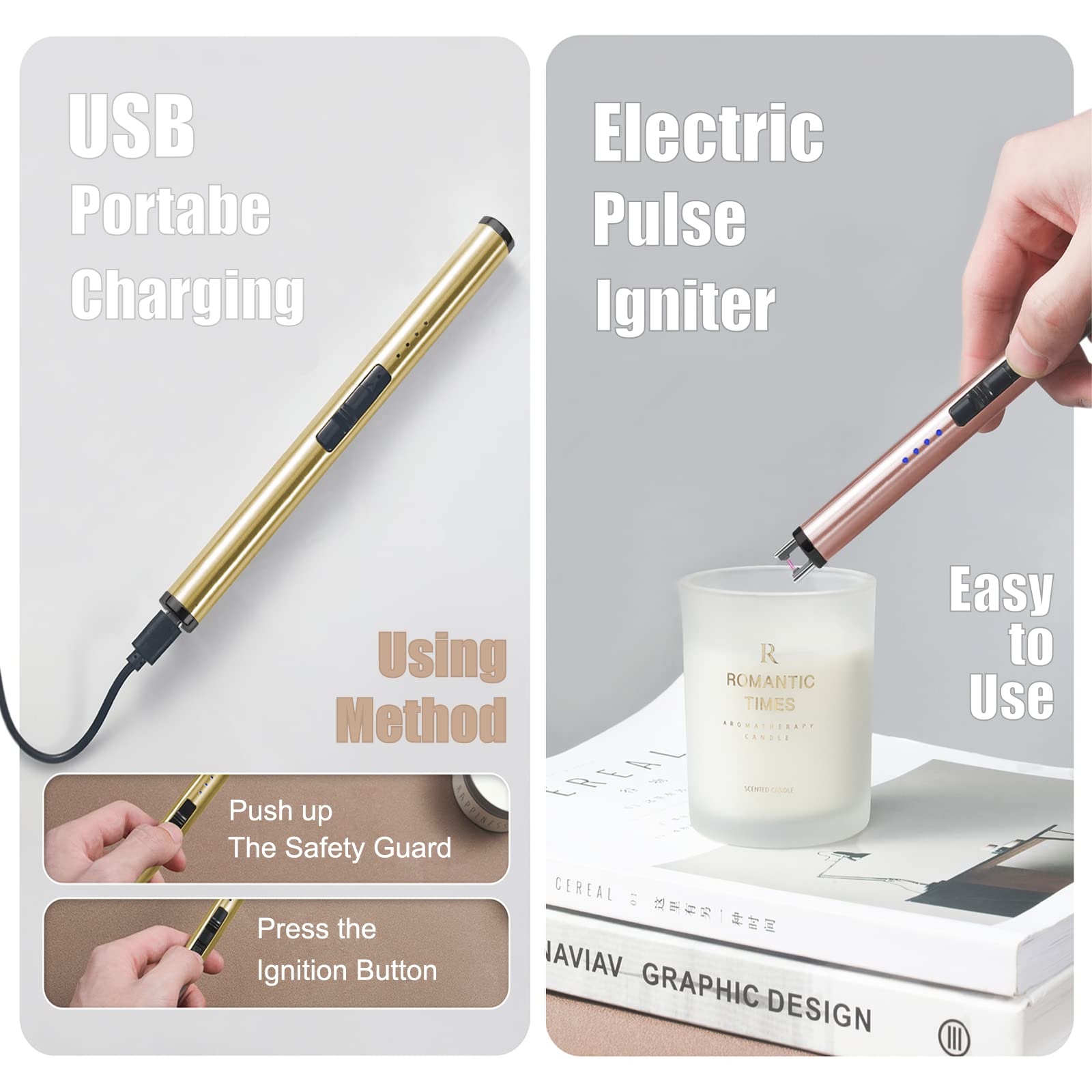 Exquisite Candle Accessories Tool Pack Bag, Rechargeable Electric Lighter, Wick Trimmer, Dipper, Snuffer and Tray Holder Elegant Kit Gift for Candle Lovers in Dating, Valentines Decor. ( Lemon Gold )