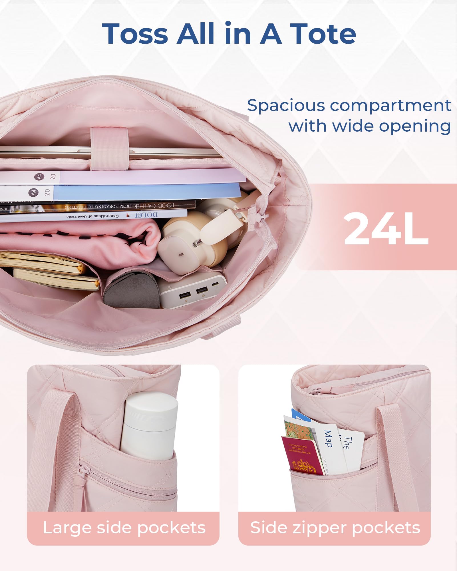 BAGSMART Tote Bag for Women, Puffer Tote Bags with Zipper, Travel Essentials Quilted Nurse Bag Carry On Bag Gifts for Women