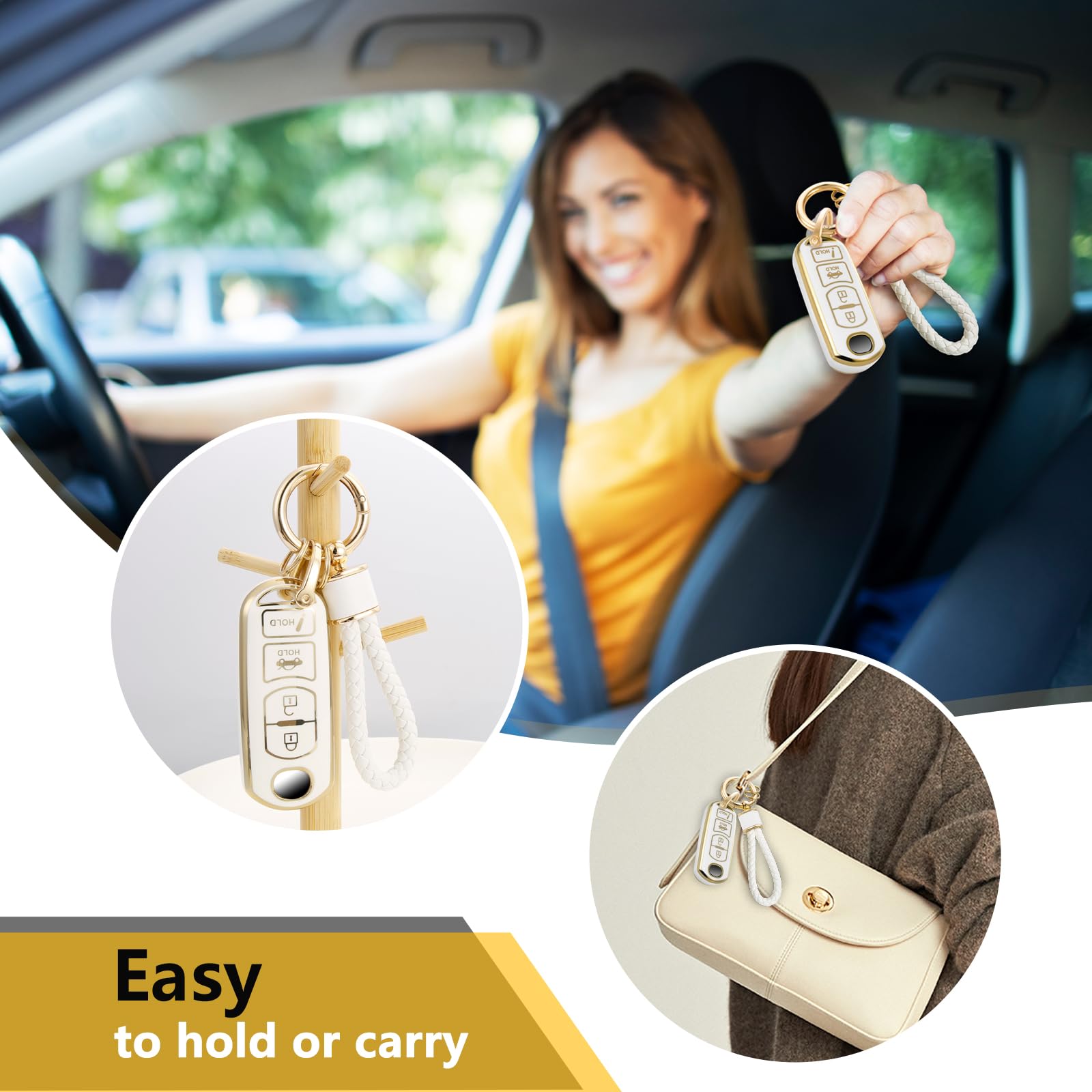 Cadillac Key Fob Cover with Metal Braided Rope Keychain, Upgraded Soft Key Case for 2015-2019 Escalade CTS SRX XT5 ATS STS CT6 (5 Button) (Gold Edge)