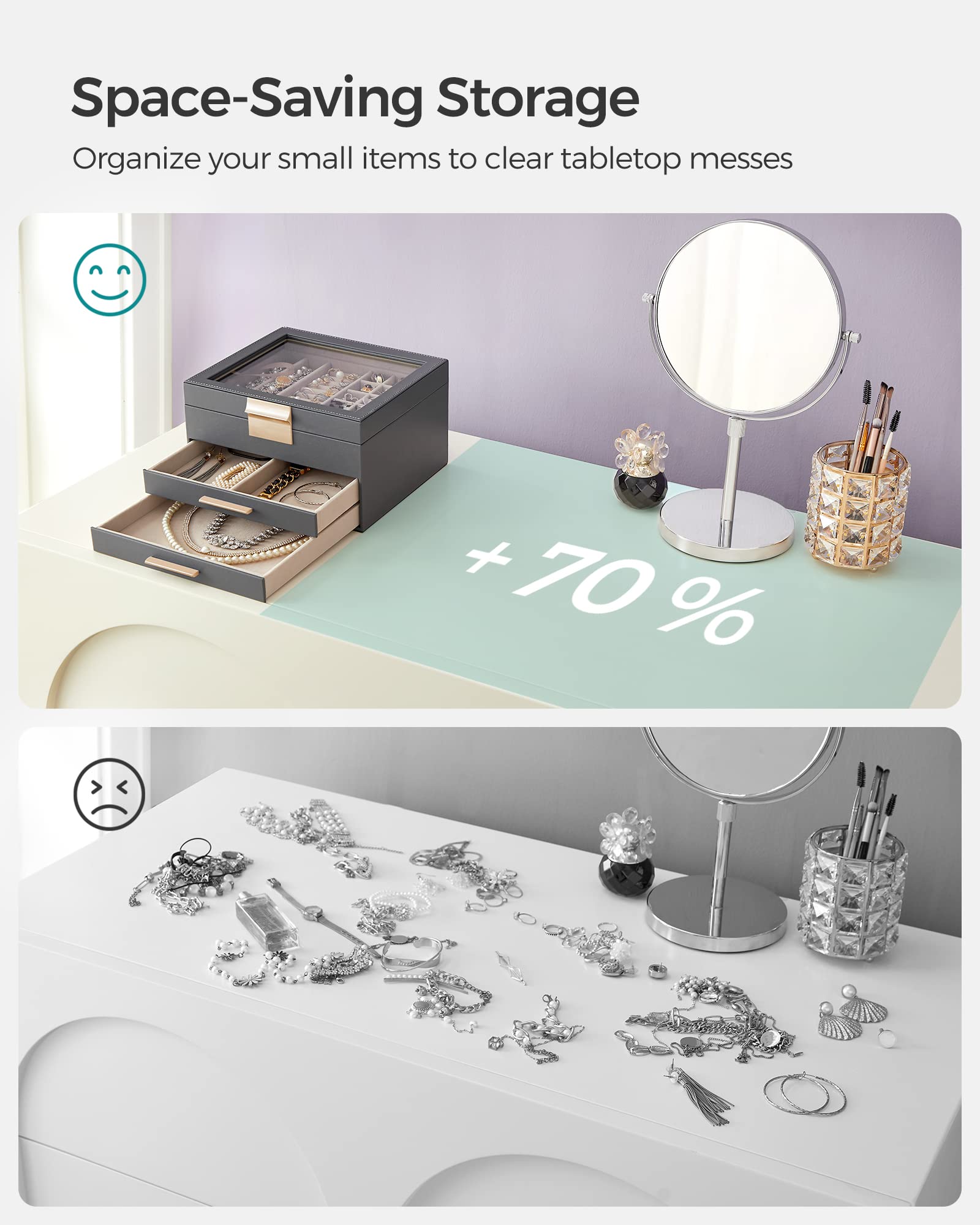 SONGMICS Jewelry Box with Glass Lid, 3-Layer Jewelry Organizer, 2 Drawers, for Big and Small Jewelry, Jewelry Storage, Modern Style, 8 x 9.1 x 5.3 Inches, Cloud White and Gold Color UJBC239WT