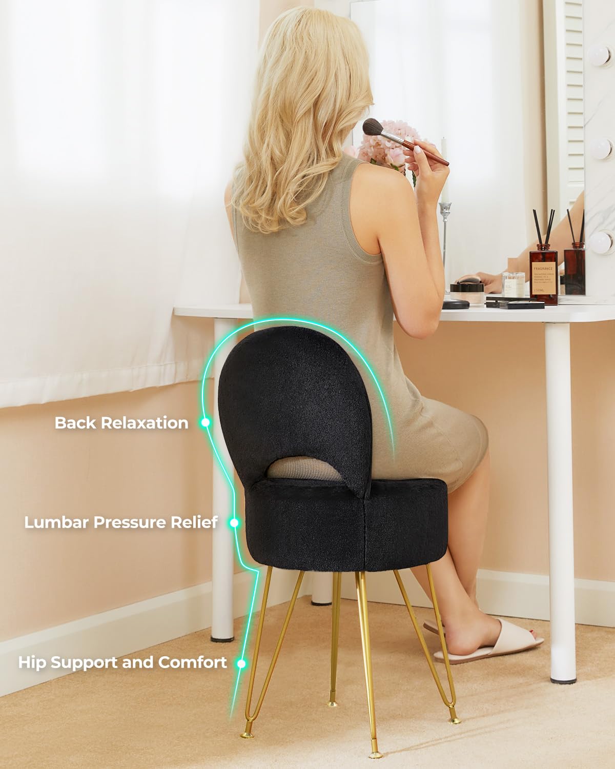 Greenstell Vanity Stool with Foldable Back, Vanity Chair with Storage, 13" Dx 27.7" H Faux Fur Soft Ottoman, 4 Metal Legs with Anti-Slip Feet, Small Furry Padded Seat for Makeup, Bedroom, White