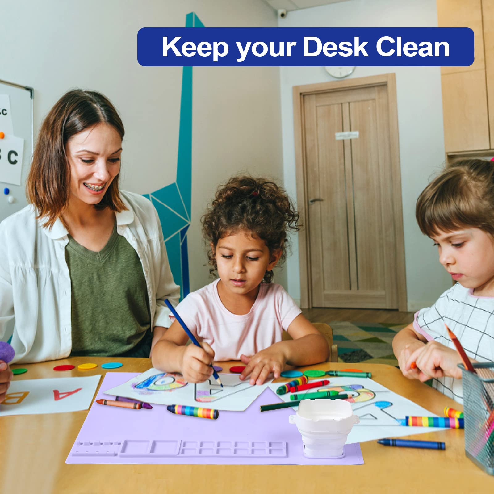 AWOKE Silicone Painting Mat - 20"X16" Silicone Art Mat with 1 Water Cup for Kids - Silcone Craft Mat has12 Color Dividers - 2 Paint Dividers (White)