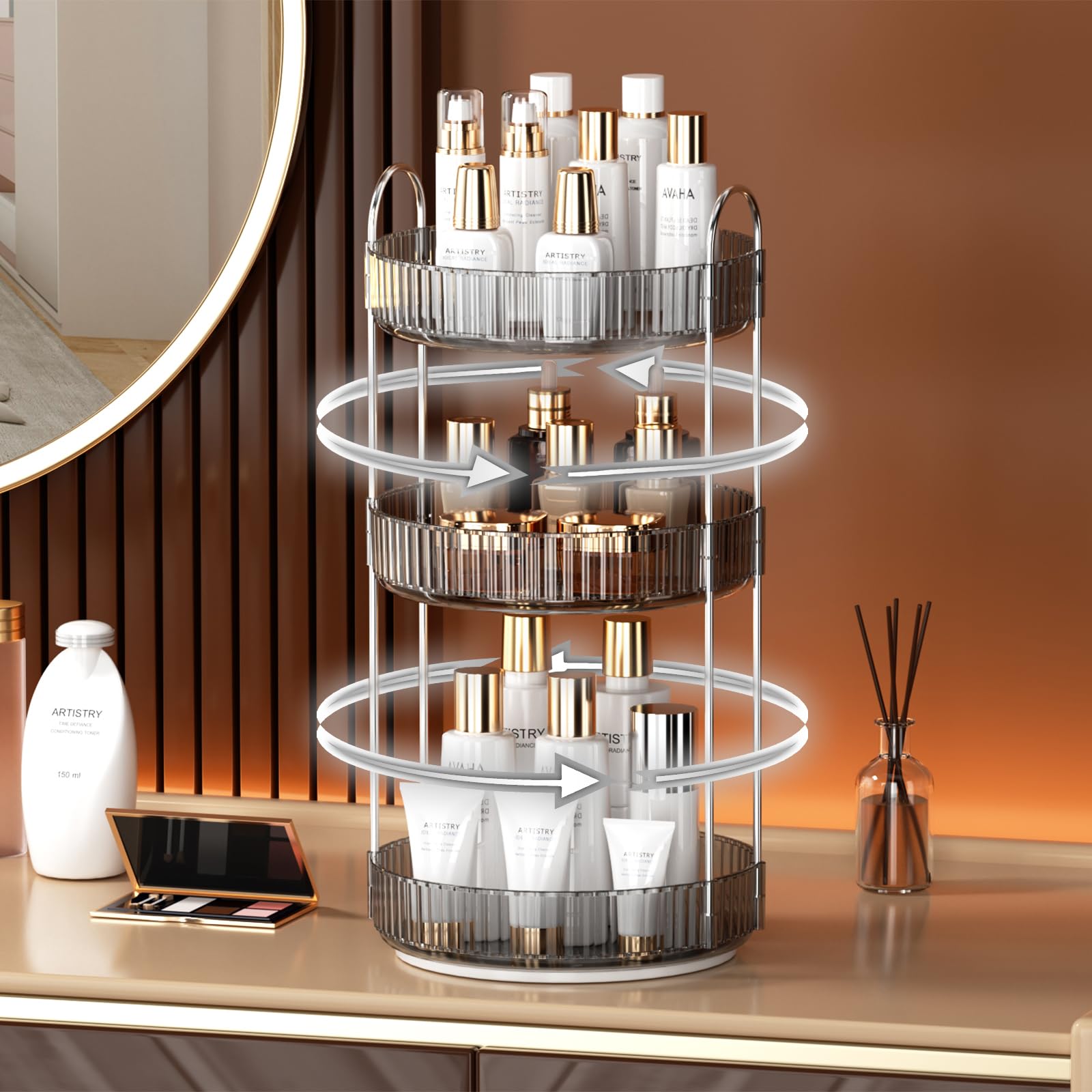 YCIA&DONE 360 Rotating Makeup Organizer and Storage for Vanity Bathroom Countertop, High Capacity Cosmetic Skincare Perfume Organizer for Dresser Lazy Susan Organizers(Clear White,2 Tiers)