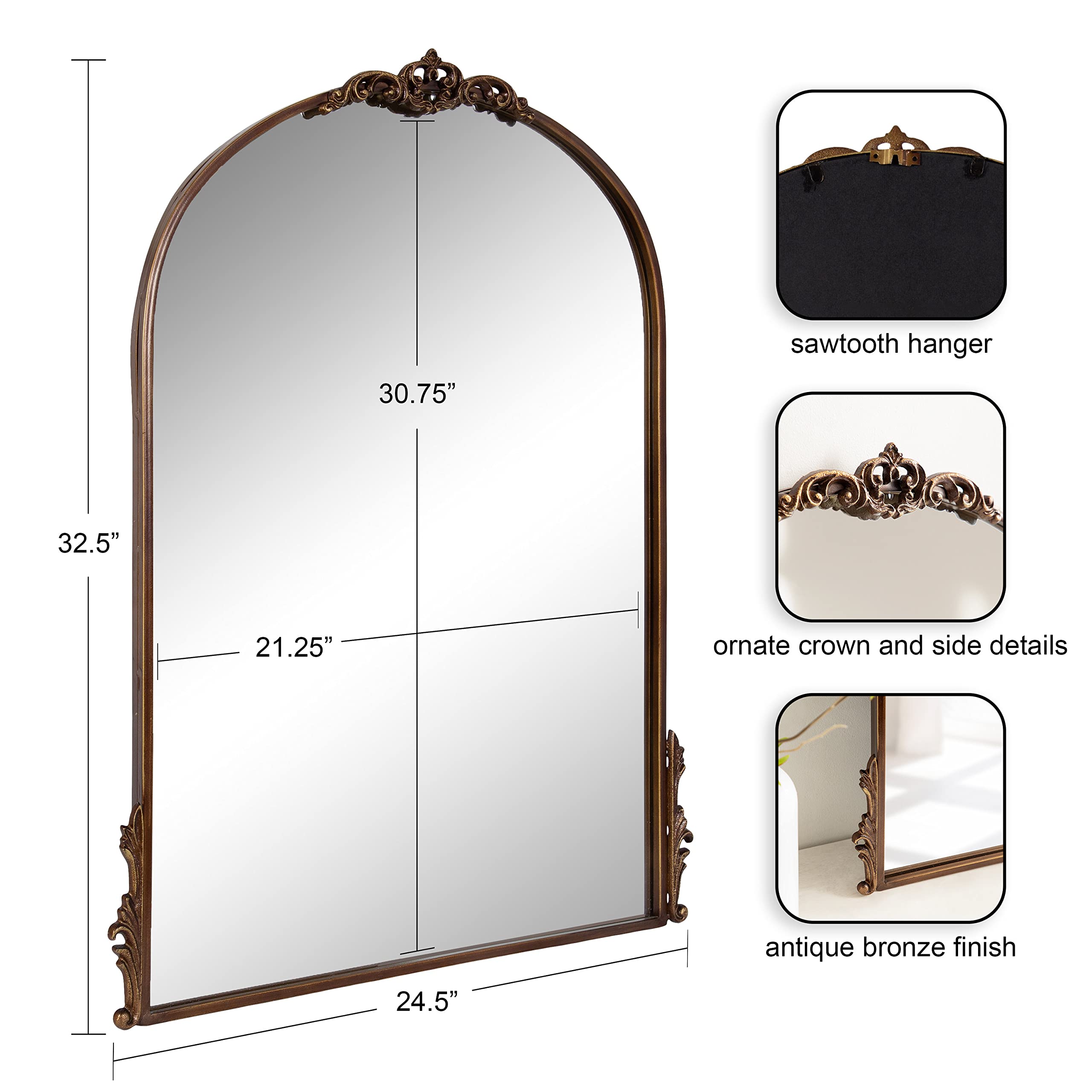 Kate and Laurel Myrcelle Traditional Arched Mirror, 25 x 33, Gold, Decorative Large Arch Mirror with Ornate Garland Detailing Along The Crown and Edges of The Frame