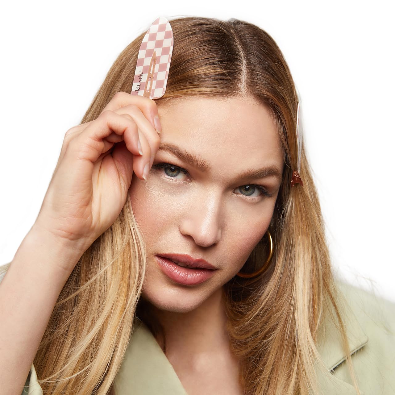 Kitsch Creaseless Hair Clips - Recycled Plastic XL No Bend Hair Clips for Makeup | No Crease Hair Clips | Stylish Make Up Hair Clip | Hair Accessories Styling Clips, 2pcs (Terracotta Checker)