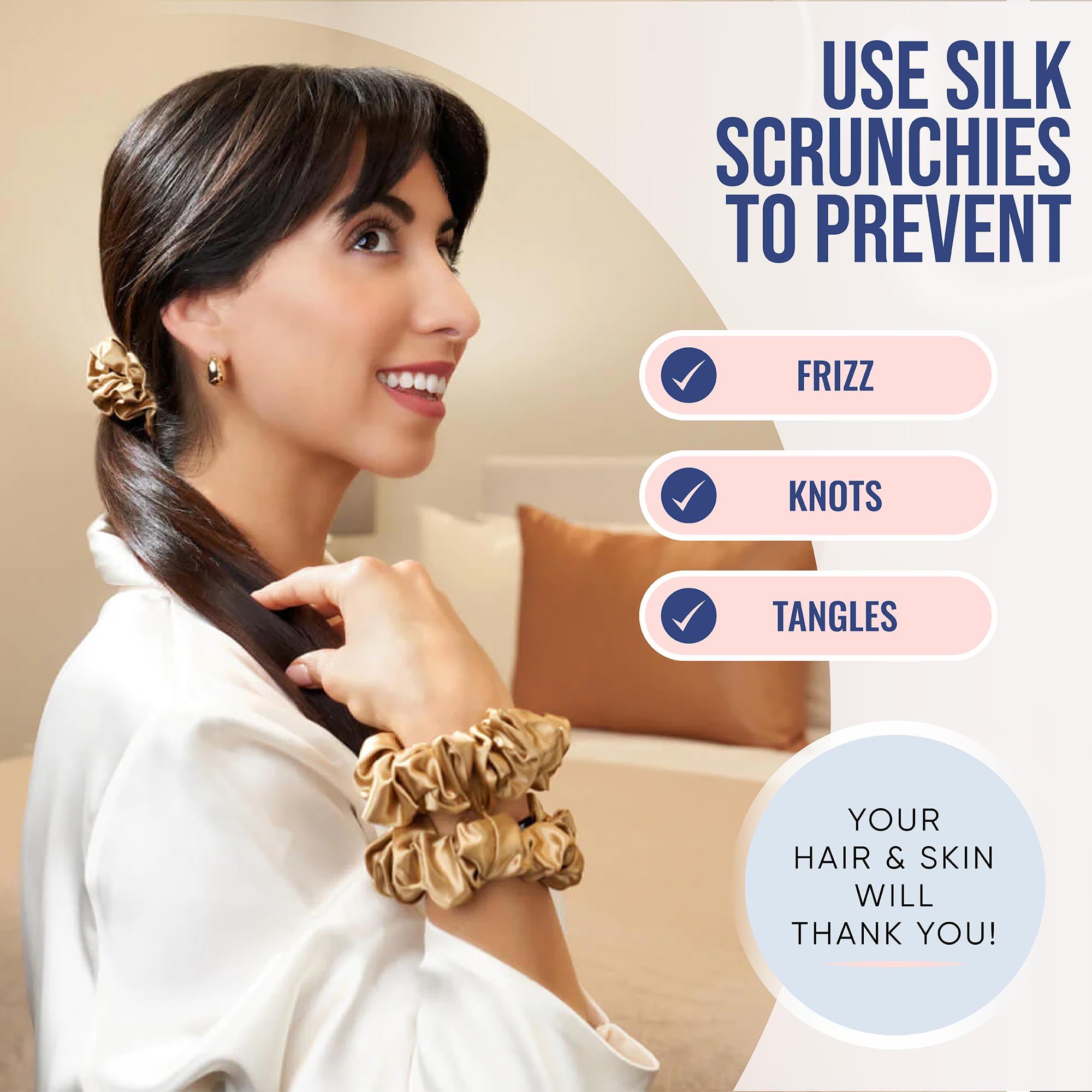 Blissy Silk Scrunchies (3 Pack) - 100% Pure Mulberry Silk - 22 Momme 6A High-Grade Fibers - Silk Scrunchie for Straight & Curly Hair - Preventing Breakage, Tangling, & Creasing (Rose Skinny)