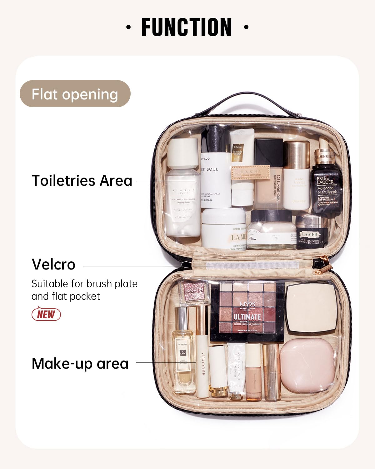 EACHY Travel Makeup Bag,Large Capacity Cosmetic Bags for Women,Waterproof Portable Pouch Open Flat Toiletry Bag Make up Organizer with Divider and Handle