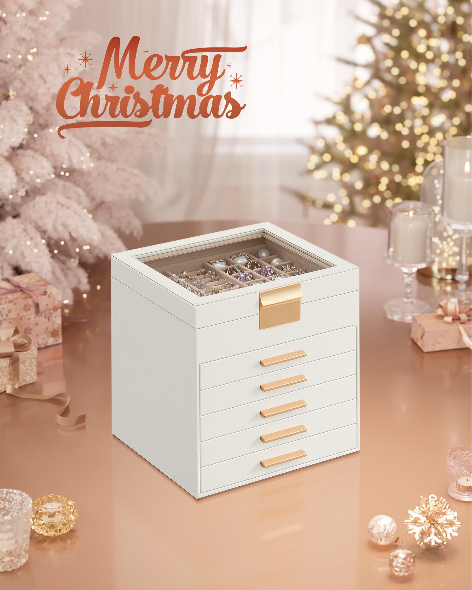 SONGMICS Jewelry Box with Glass Lid, 3-Layer Jewelry Organizer, 2 Drawers, for Big and Small Jewelry, Jewelry Storage, Modern Style, 8 x 9.1 x 5.3 Inches, Cloud White and Gold Color UJBC239WT