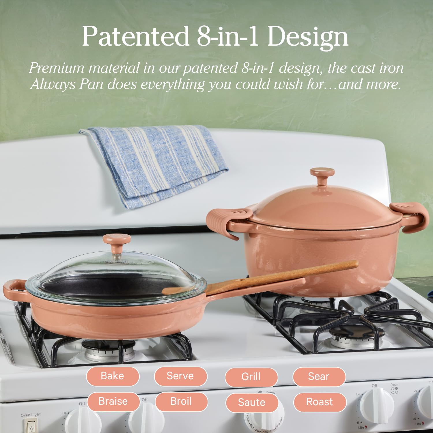 Our Place Cast Iron Always Pan | Premium Enameled, Toxin-Free Surface | 10-inch 8-in-1 Multifunctional Cookware System | Lid, Handle Covers | Heavy Duty Skillet | Oven & High Heat Safe | Sage