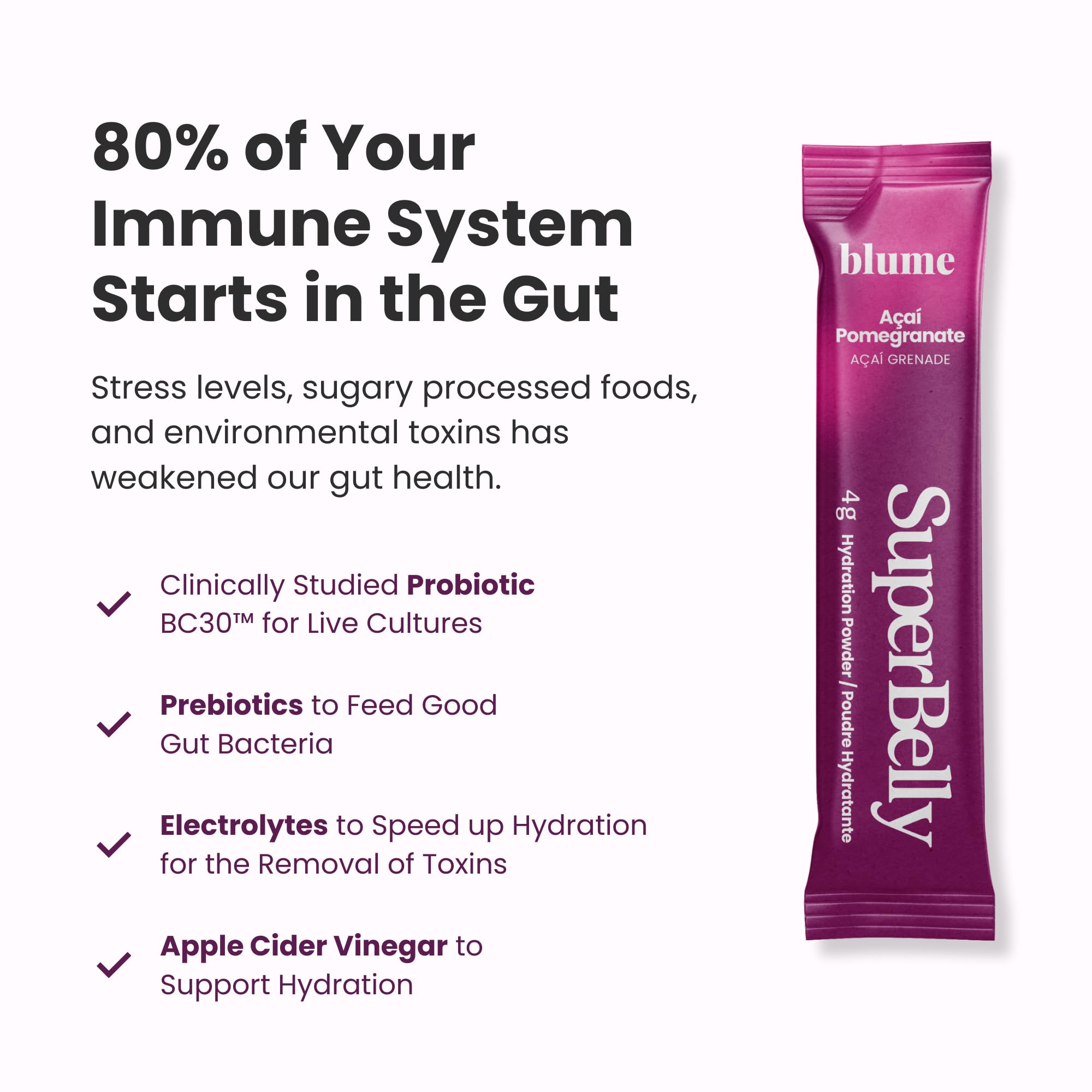 Blume SuperBelly Gut Health Hydration Packets, Sugar-Free, with Prebiotics, Probiotics, Apple Cider Vinegar, and Electrolytes, Strawberry Hibiscus, 15 Sticks