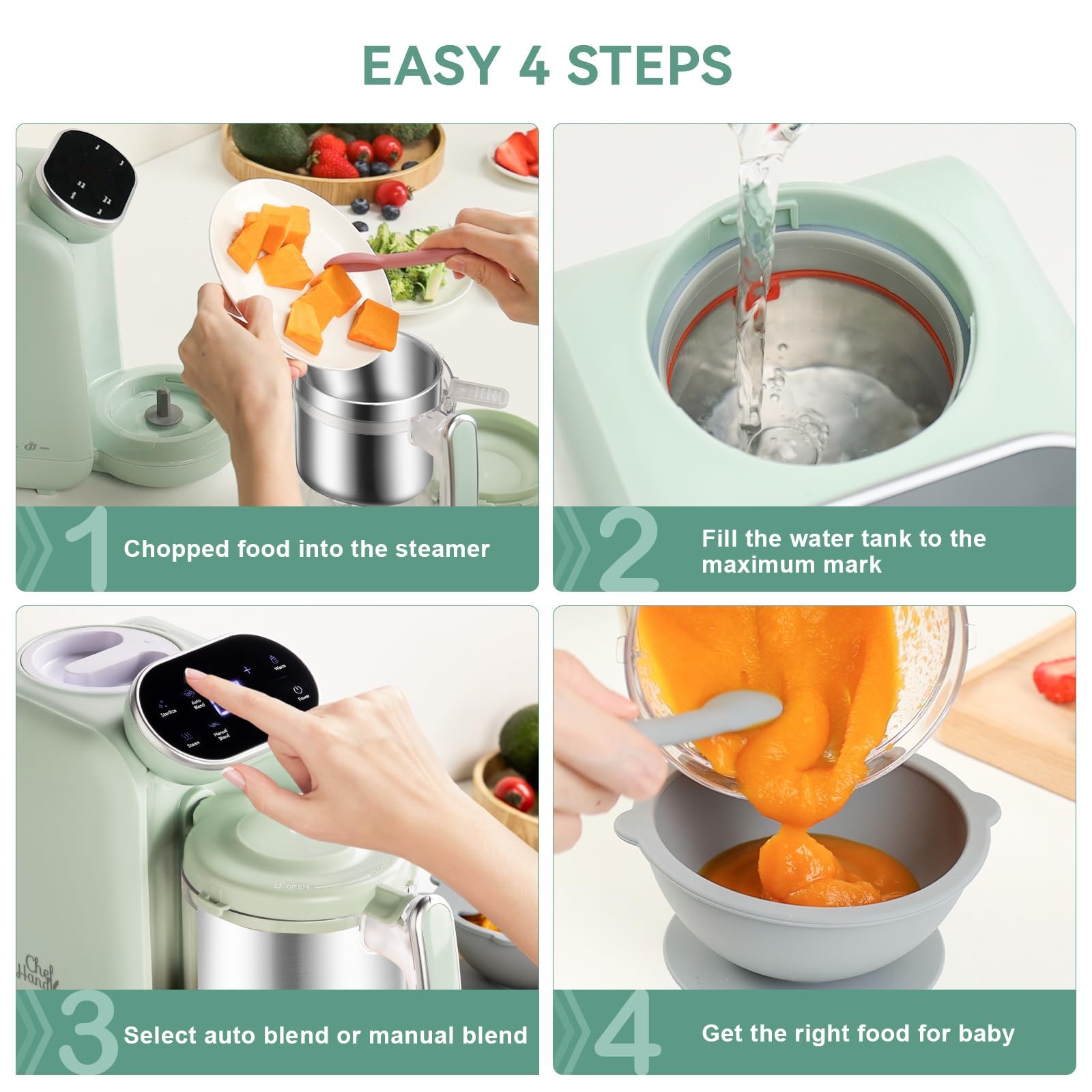 Baby Food Maker | Baby Food Processor with Steaming Basket | Baby Steamer, Blender, and Puree Maker | Milk Warmer Machine | Auto Cooking & Grinding | Touch Screen Control (Green)