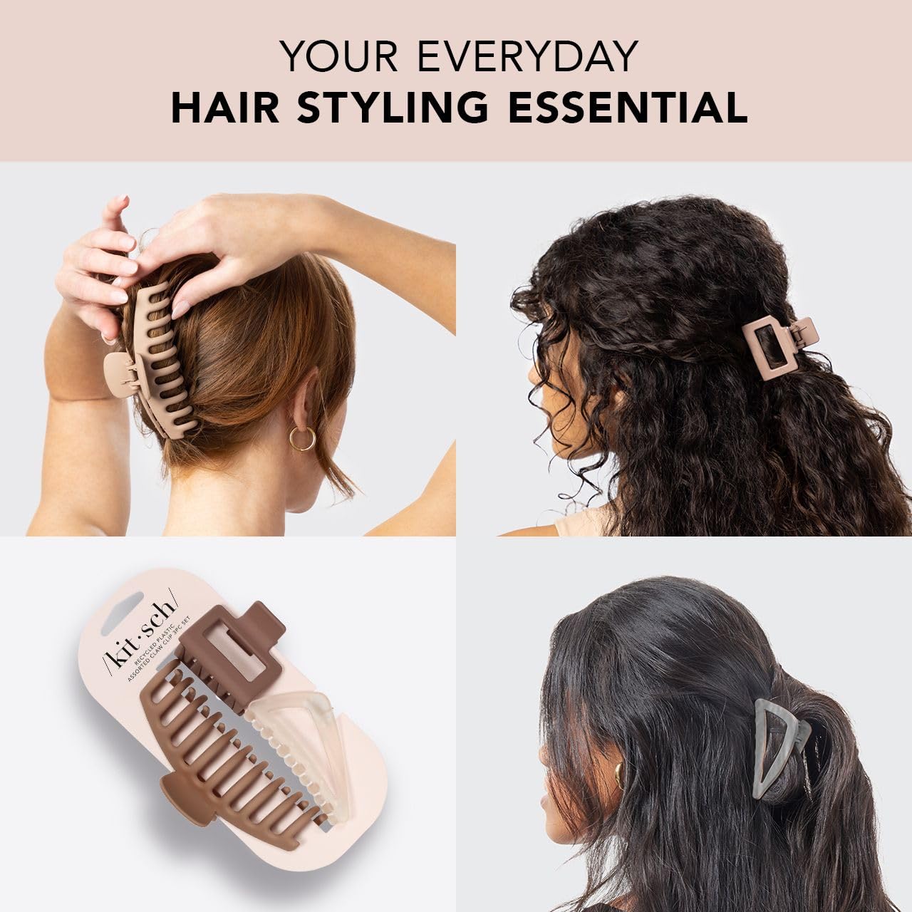 Kitsch Large Assorted Hair Clips for Women - Medium Open Shape Hair Claw Clips for Thick Hair | Small Open Shape Hair Clip & Big Claw Clip for Teen Girls | Hair Styling Accessories, 3 pcs
