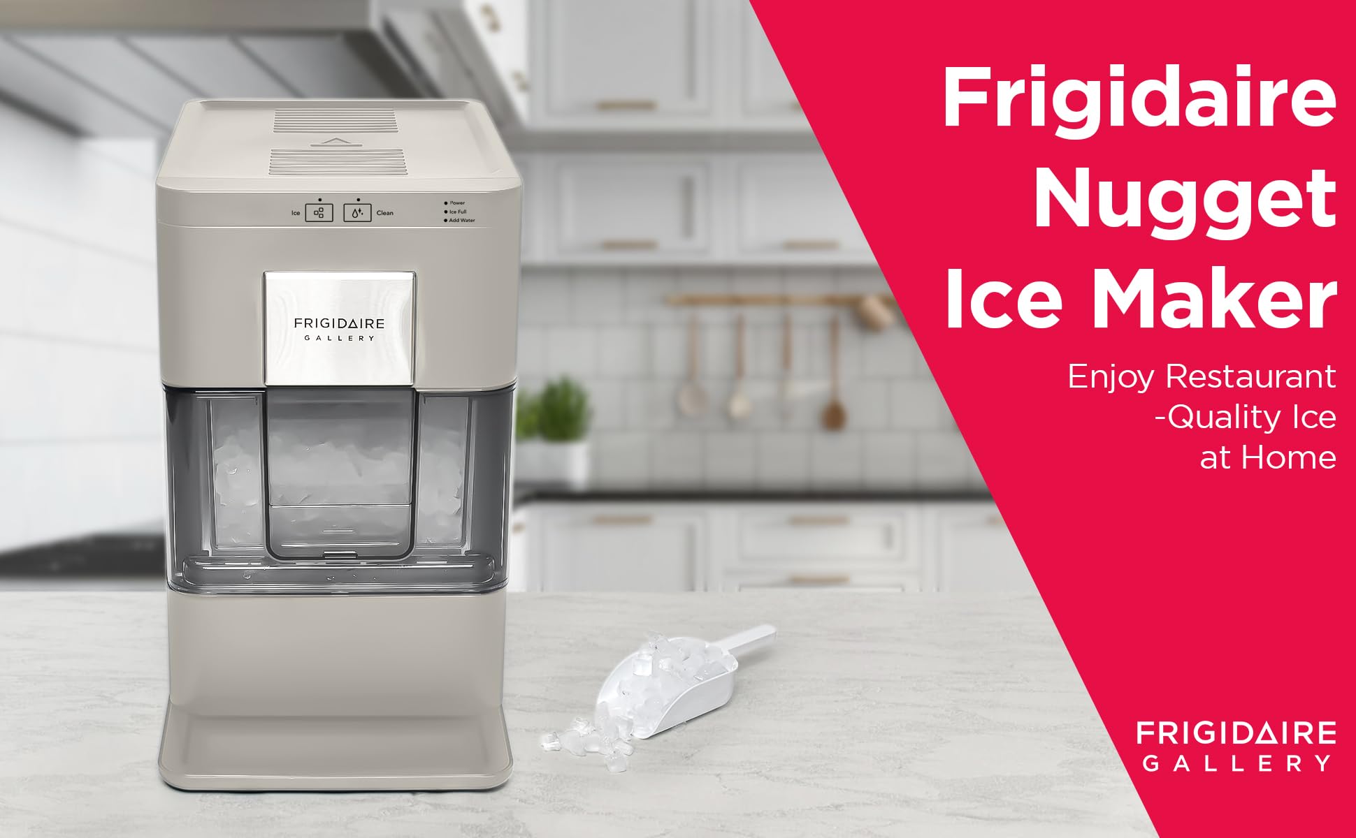 Frigidaire Nugget Ice Maker, Countertop Ice Machine with Transparent Window, Sonic Ice Maker with 44 lbs. Capacity, Auto Self Cleaning Ice Maker Machine, 2.0 Gen, Cream - 16.75D x 11.75W x 20.25H