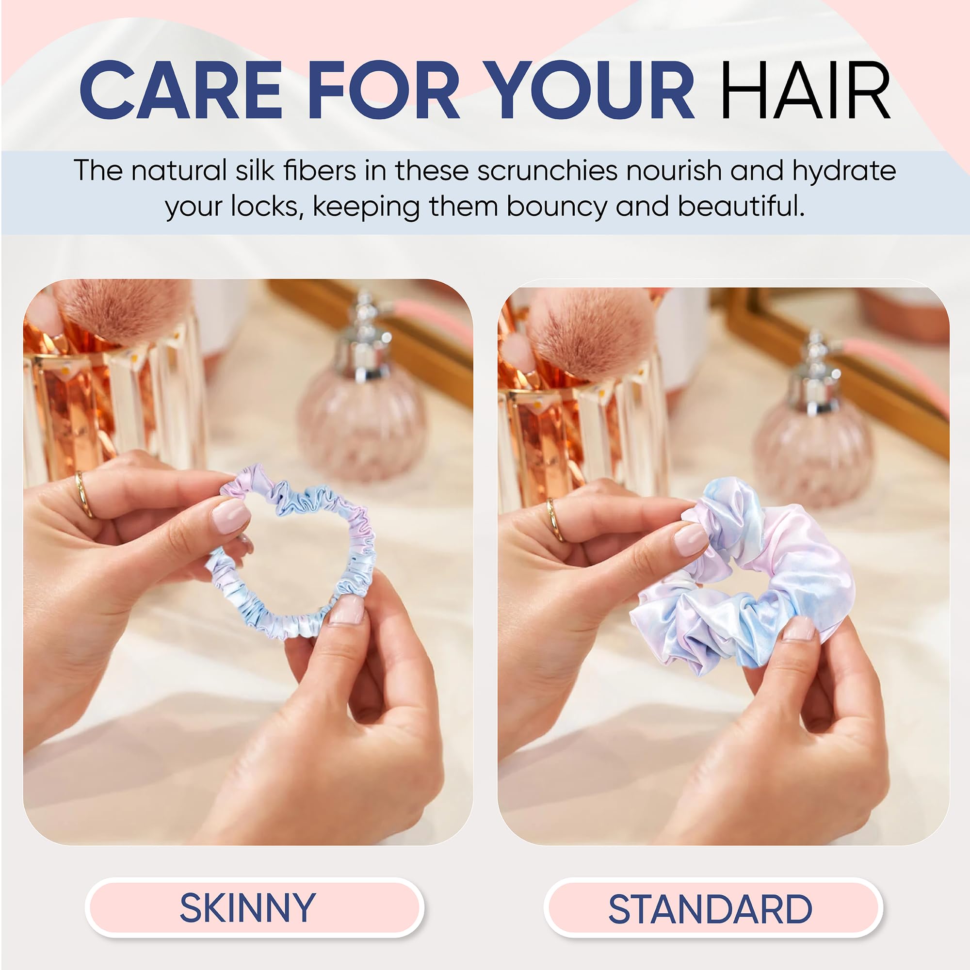 Blissy Silk Scrunchies (3 Pack) - 100% Pure Mulberry Silk - 22 Momme 6A High-Grade Fibers - Silk Scrunchie for Straight & Curly Hair - Preventing Breakage, Tangling, & Creasing (Rose Skinny)