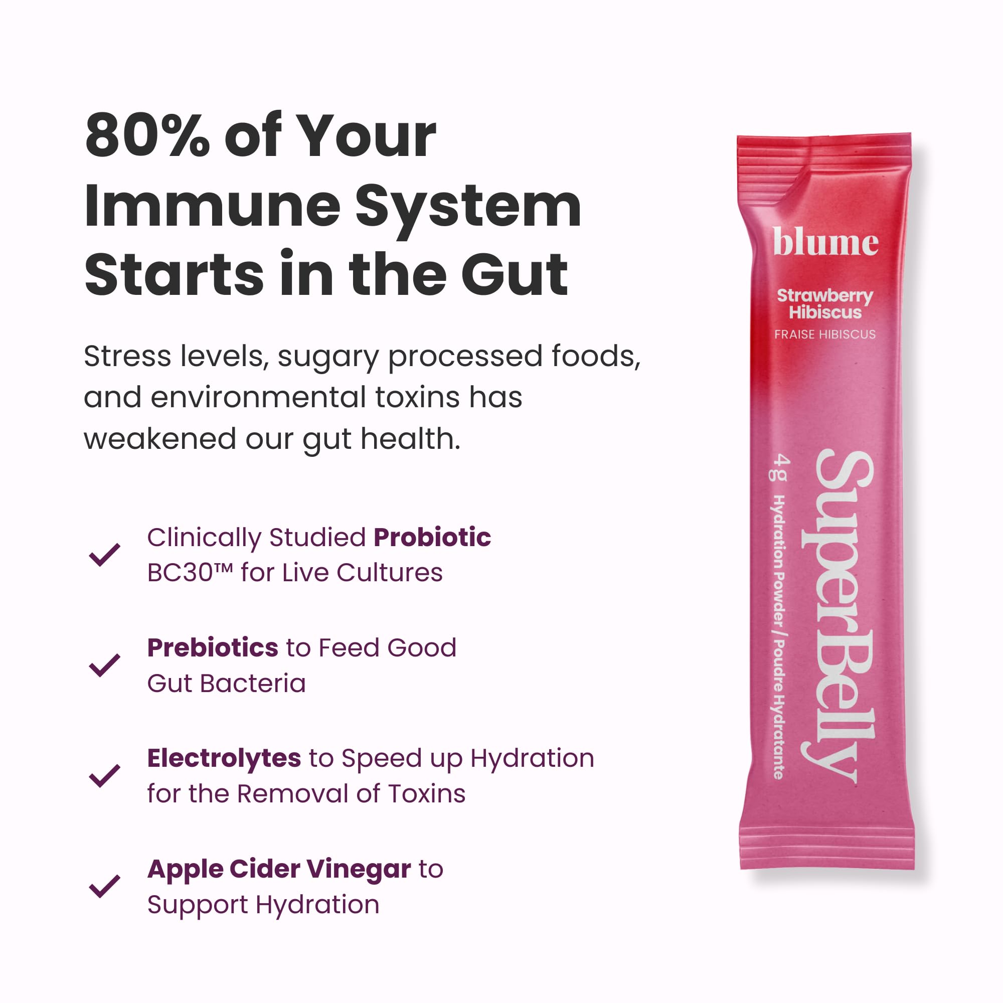 Blume SuperBelly Gut Health Hydration Packets, Sugar-Free, with Prebiotics, Probiotics, Apple Cider Vinegar, and Electrolytes, Strawberry Hibiscus, 15 Sticks