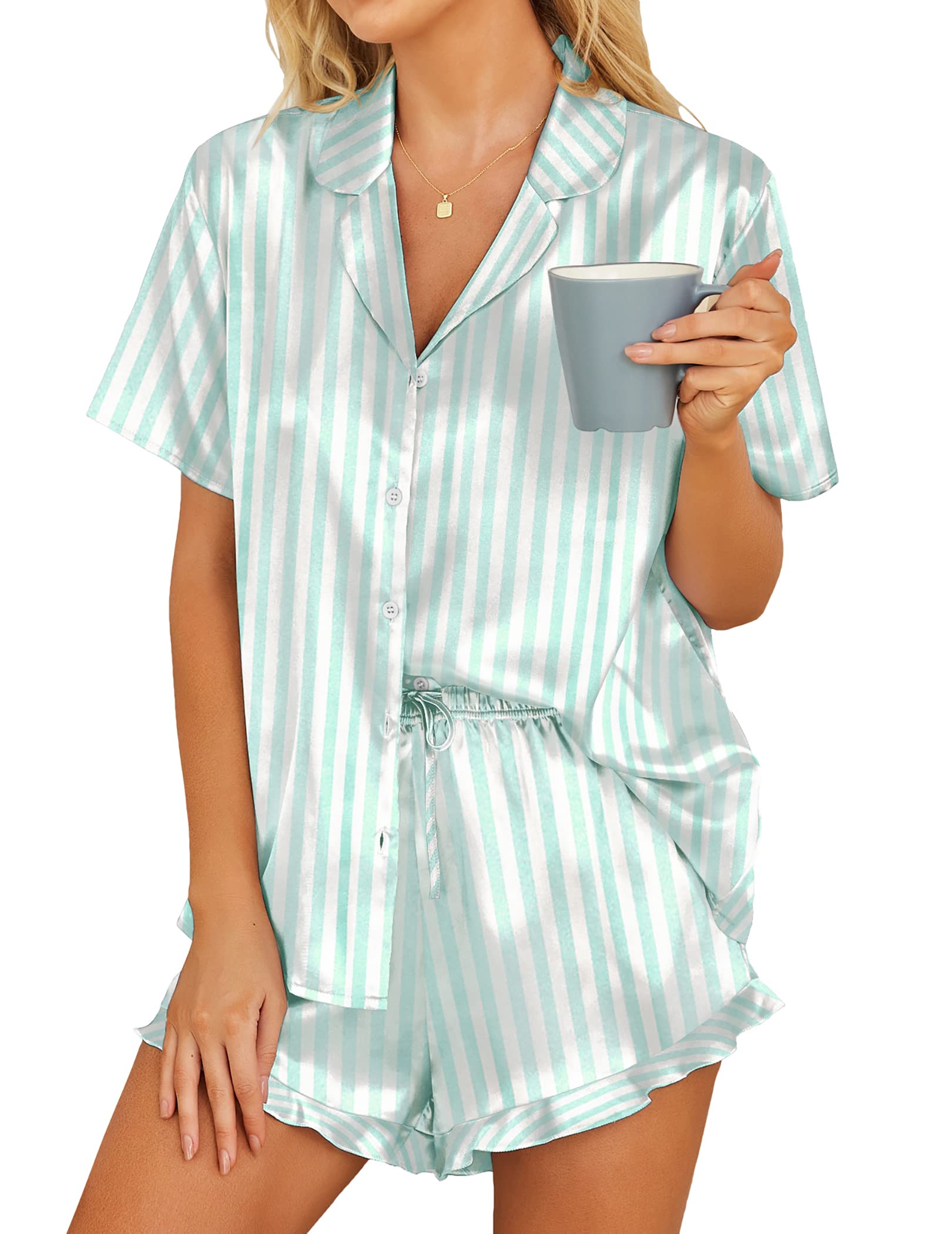 HOTOUCH Womens Satin Pajamas Set Button Down 2 Piece Silk Pjs Shorts Set Ruffle Lingerie Notch Collar Sleepwear