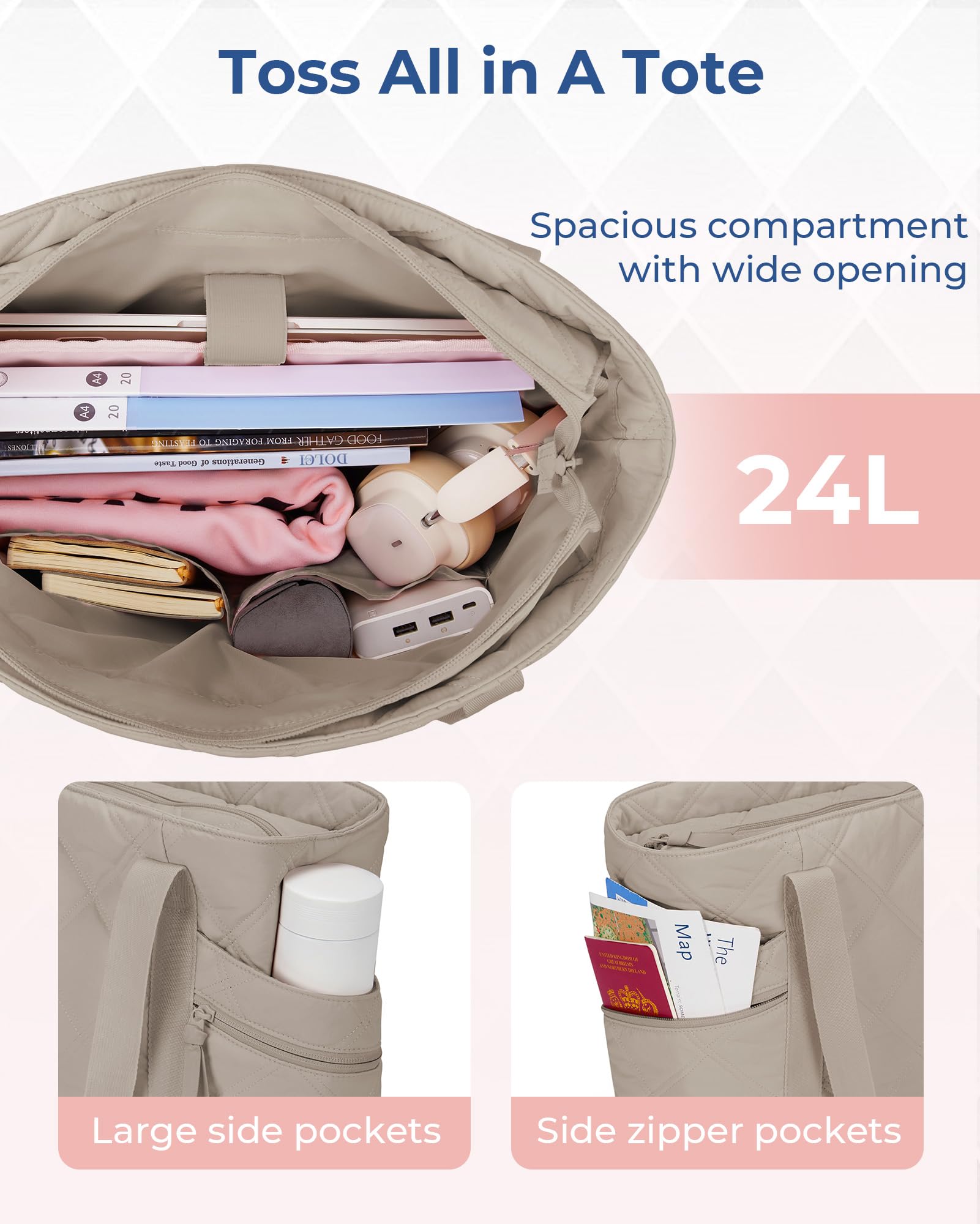 BAGSMART Tote Bag for Women, Puffer Tote Bags with Zipper, Travel Essentials Quilted Nurse Bag Carry On Bag Gifts for Women