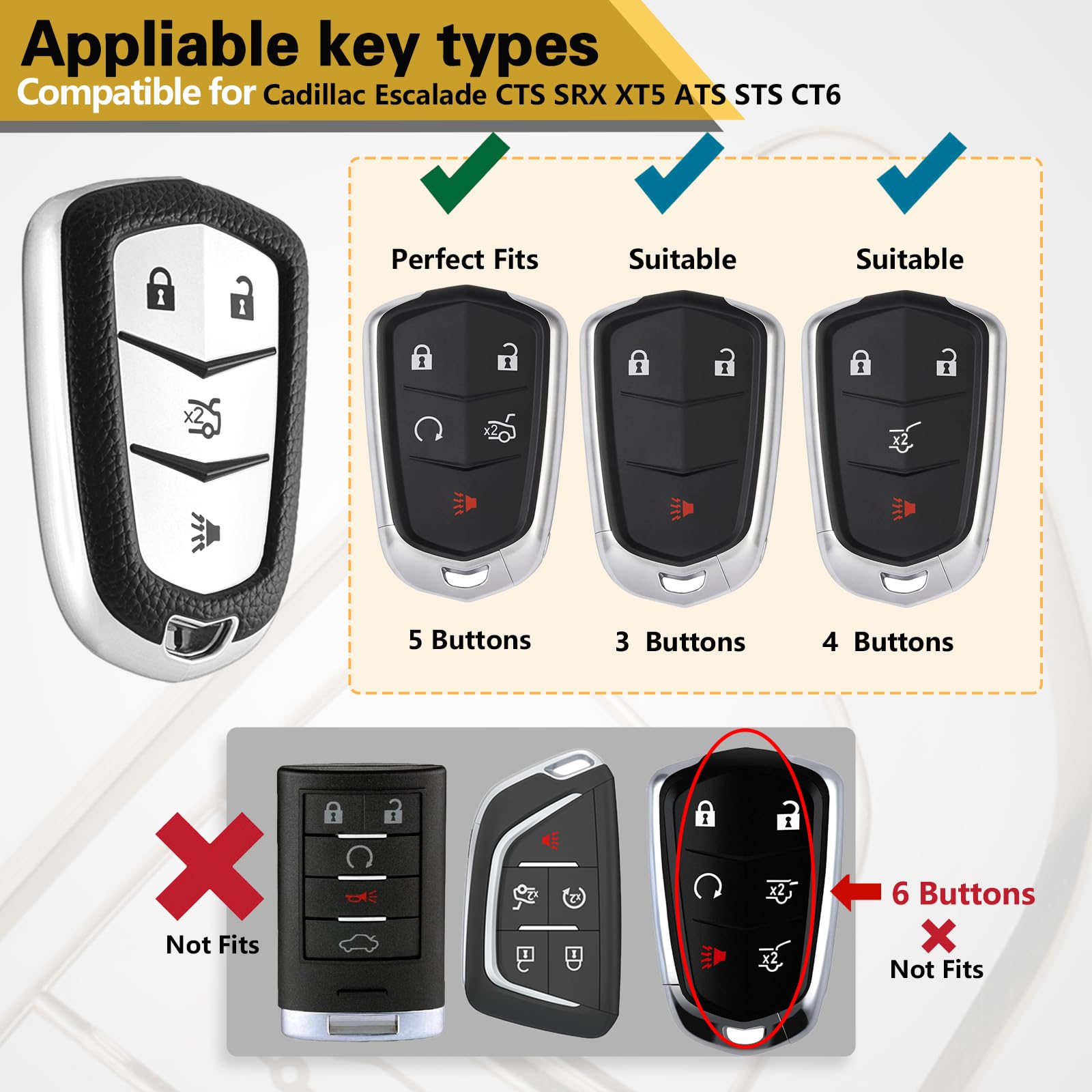 Cadillac Key Fob Cover with Metal Braided Rope Keychain, Upgraded Soft Key Case for 2015-2019 Escalade CTS SRX XT5 ATS STS CT6 (5 Button) (Gold Edge)