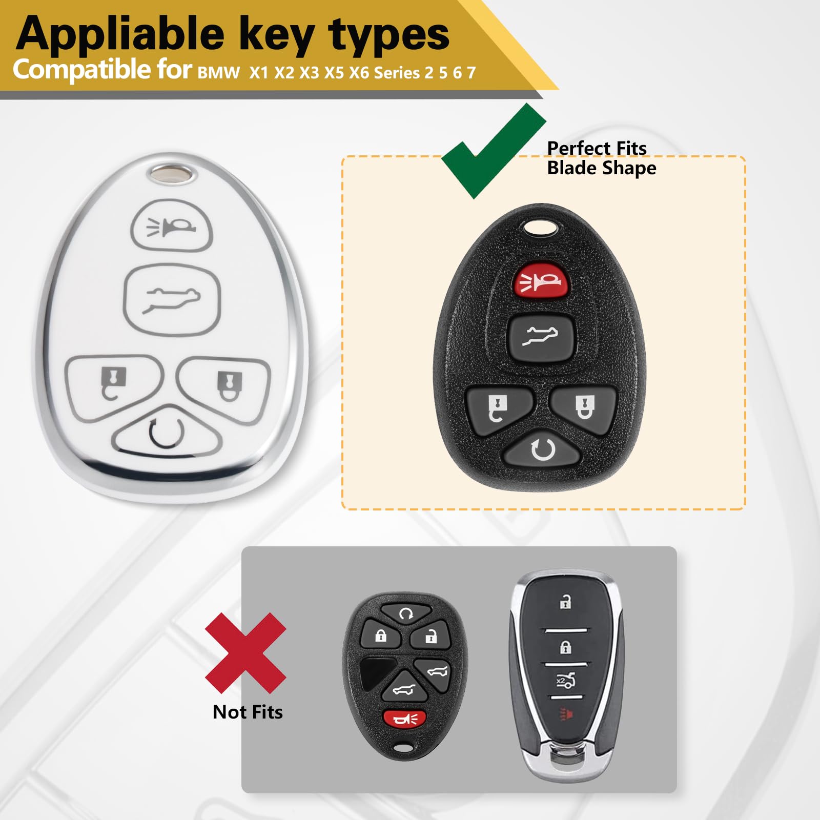 Cadillac Key Fob Cover with Metal Braided Rope Keychain, Upgraded Soft Key Case for 2015-2019 Escalade CTS SRX XT5 ATS STS CT6 (5 Button) (Gold Edge)