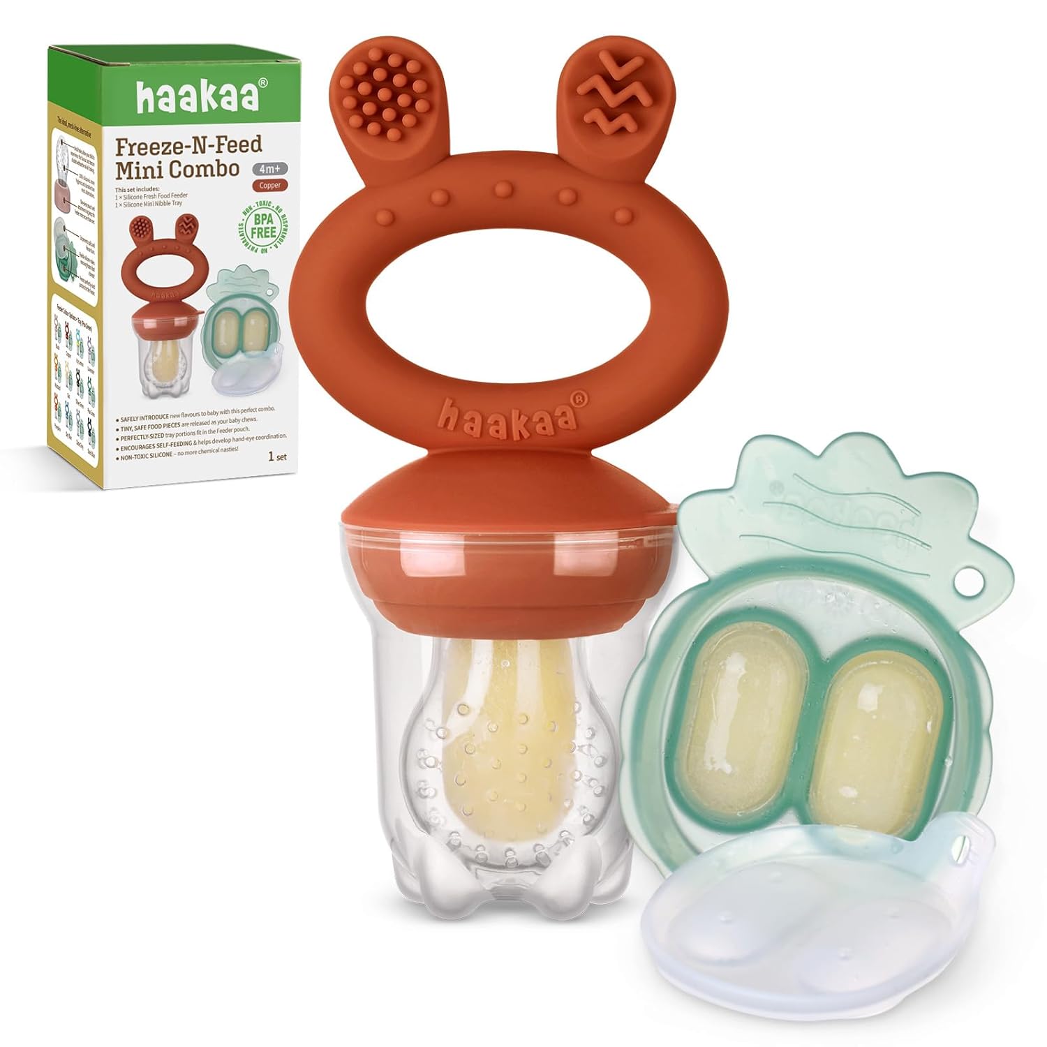 Haakaa Baby Fruit Food Feeder & Mini Freezer Nibble Tray Combo, Breastmilk Popsicle Molds for Cooling Relief, BPA Free Silicone Feeder for Safe Infant Self Feeding, 4 Month+ (Pea Green)