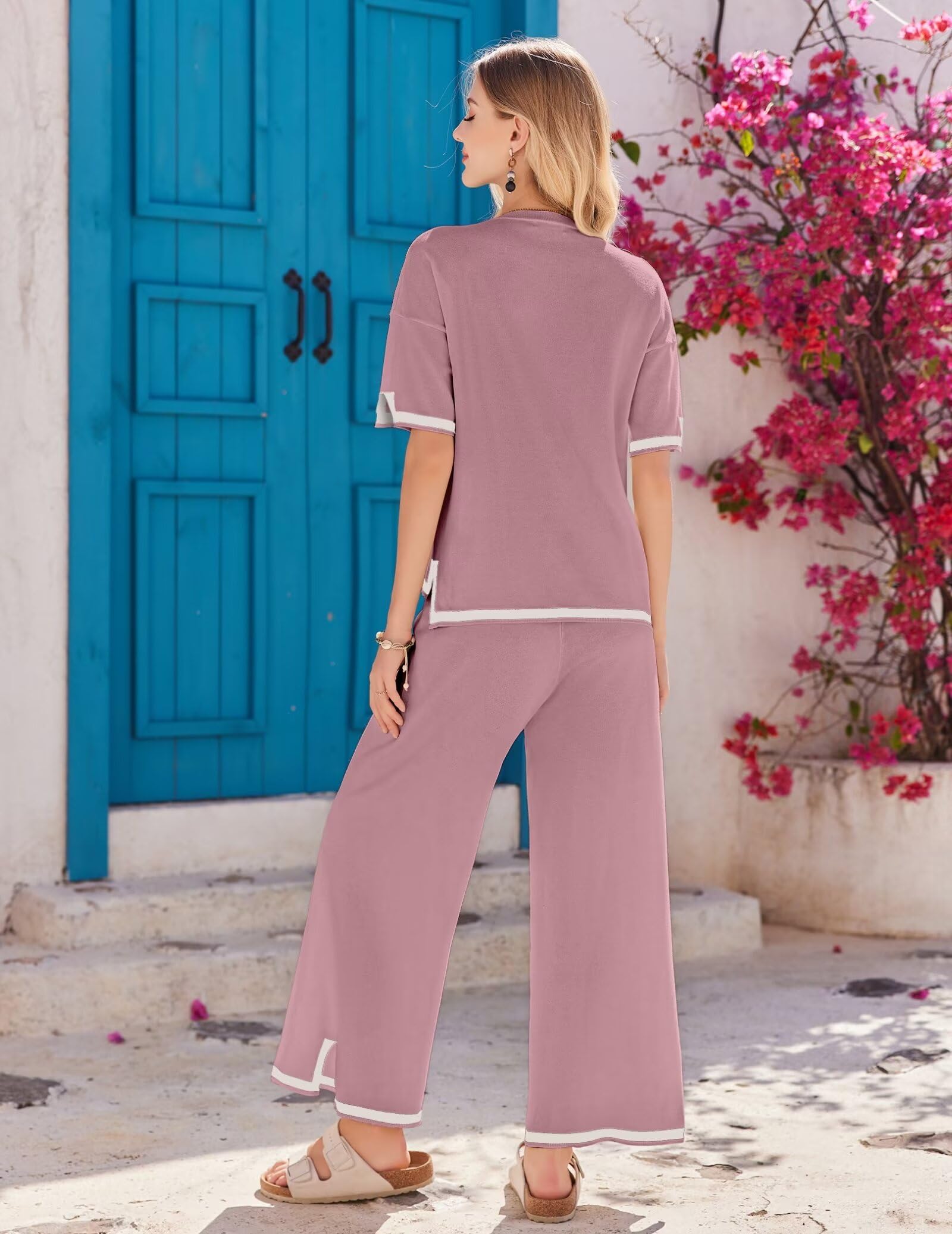 Ekouaer Lounge Set for Women 2 Piece Sets Loungewear Set Outfits Knit Sweater Sets Wide Leg Long Pants Pajama Set