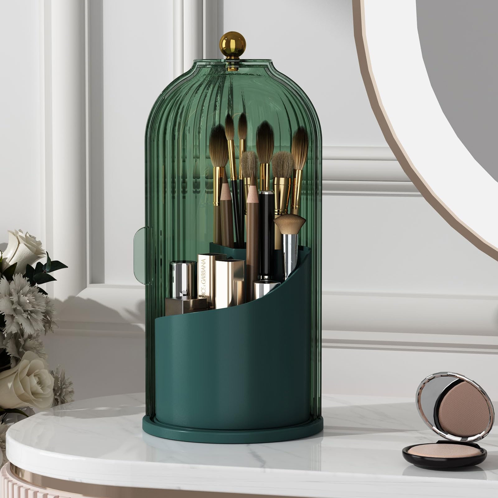 Makeup Brush Holder Organizer with Lid,360 Rotating Clear Dustproof Makeup Brushes Organizer for Vanity Desktop Bathroom Countertop (Transparent)