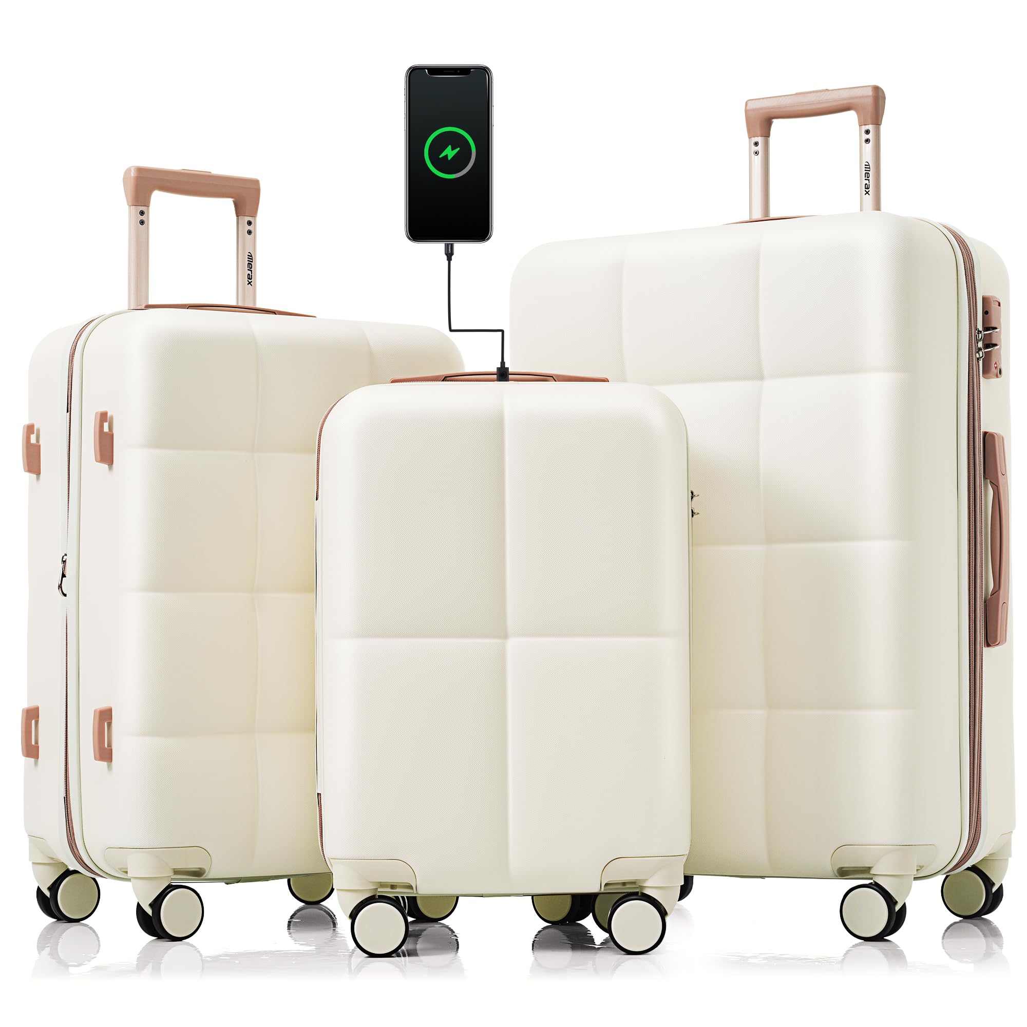 Merax 3 Pcs ABS Hardside Luggage Sets TSA Lock Spinner Wheel Suitcases, Pearly White, 20/24/28 Inch