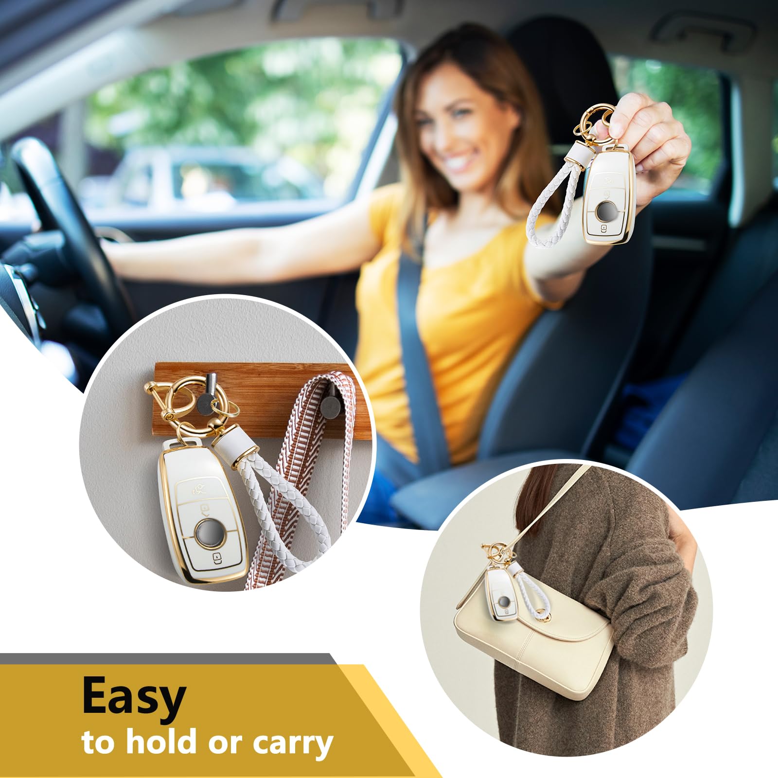 Cadillac Key Fob Cover with Metal Braided Rope Keychain, Upgraded Soft Key Case for 2015-2019 Escalade CTS SRX XT5 ATS STS CT6 (5 Button) (Gold Edge)