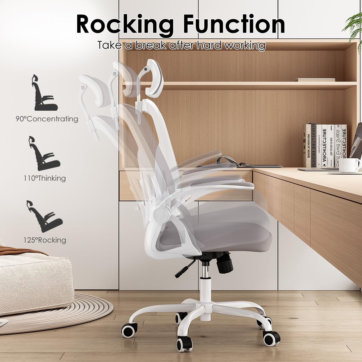 Farini Ergonomic Office Chair, Home Office Desk Chair with Headrest, High Back Computer Chair with Flip-up Armrests and Adjustable Lumbar Support for Home Office Study Bedroom, Khaki.