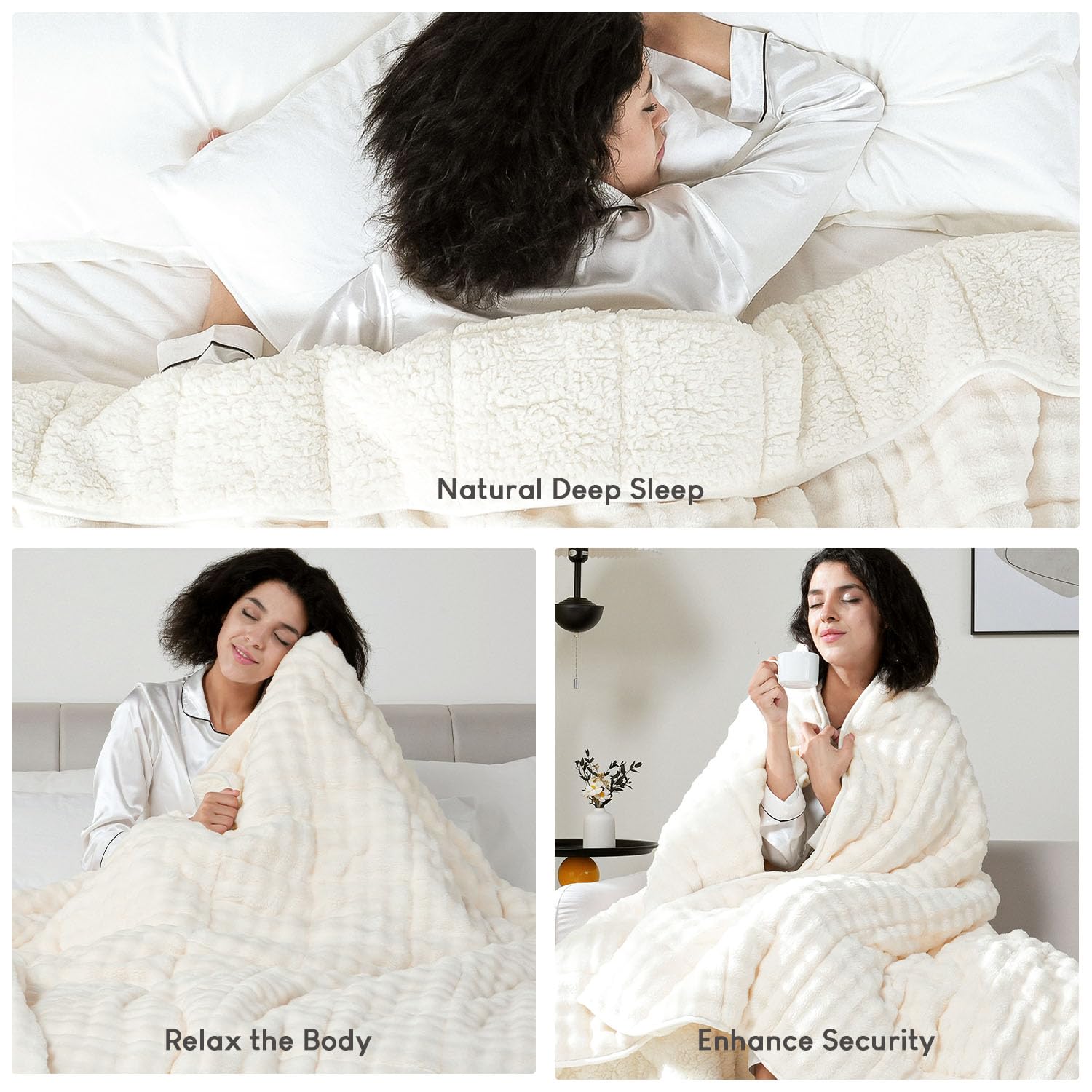 Cottonblue Weighted Blanket 15lbs Bubble Faux Fur Plush Sherpa Weighted Blankets for Adults, Fits Queen Size Bed, Cute Fuzzy Warm Heavy Blanket for Calm and Better Sleep, 60"x80", Cream White