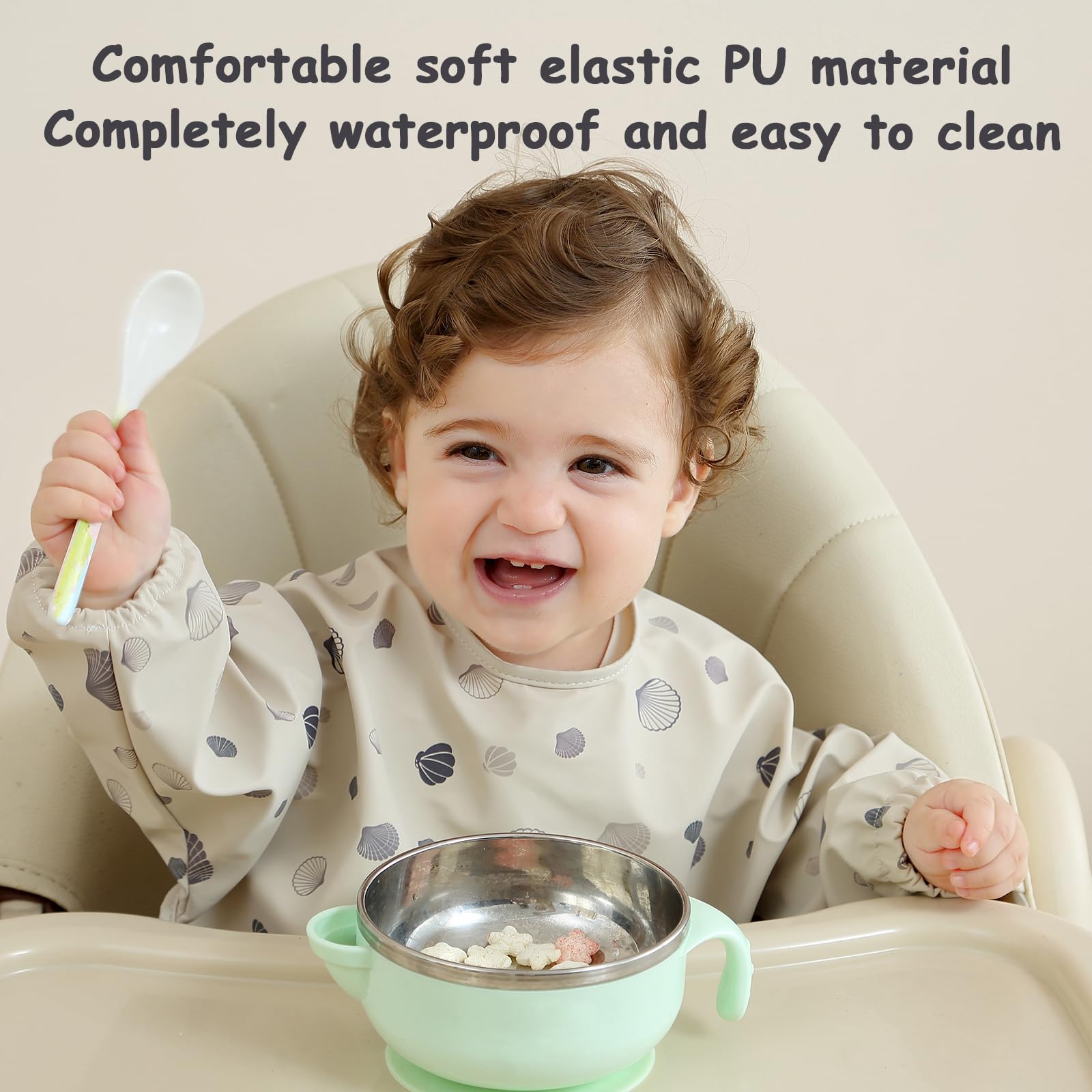 PewinGo Weaning Bib with Long Sleeves & BLW, Soft and Skin-Friendly Material, Coverall Bibs for Baby Feeding, Waterproof and Easy to Clean & Machine Washable, for Baby Infant Toddlers (Pink)
