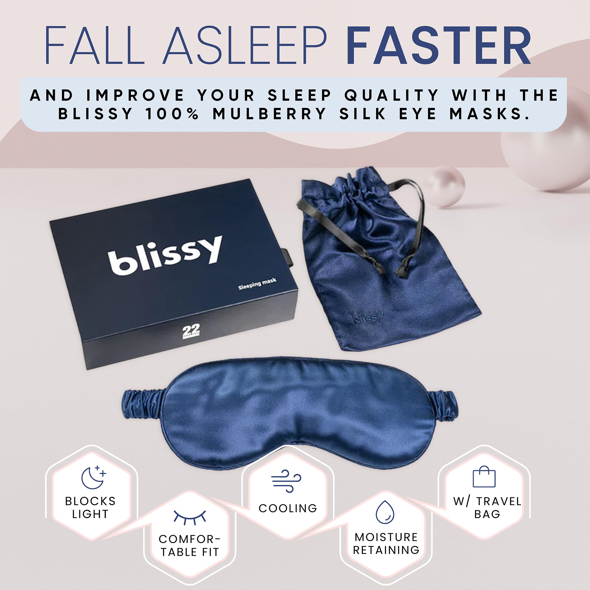 Blissy Silk Sleep Mask - Silk Eye Sleeping Mask for Women & Men for Total Blackout - Silk Eye Mask - 100% Pure Mulberry Silk, 22 Momme 6a Fibers - Blindfold Silk Sleep Mask Side Sleeper Eye Cover