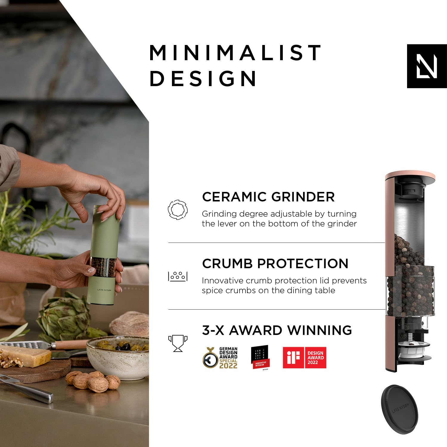 LARS NYSØM Salt and Pepper Mills Set Stainless Steel with Adjustable Ceramic Grinder 2 Pieces I Design Spice Mills Set Manual (Brown/Beige)