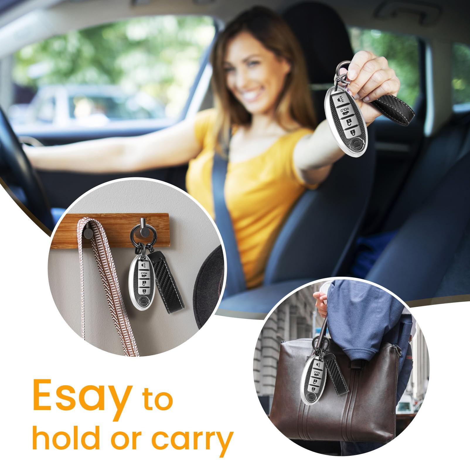 Cadillac Key Fob Cover with Metal Braided Rope Keychain, Upgraded Soft Key Case for 2015-2019 Escalade CTS SRX XT5 ATS STS CT6 (5 Button) (Gold Edge)