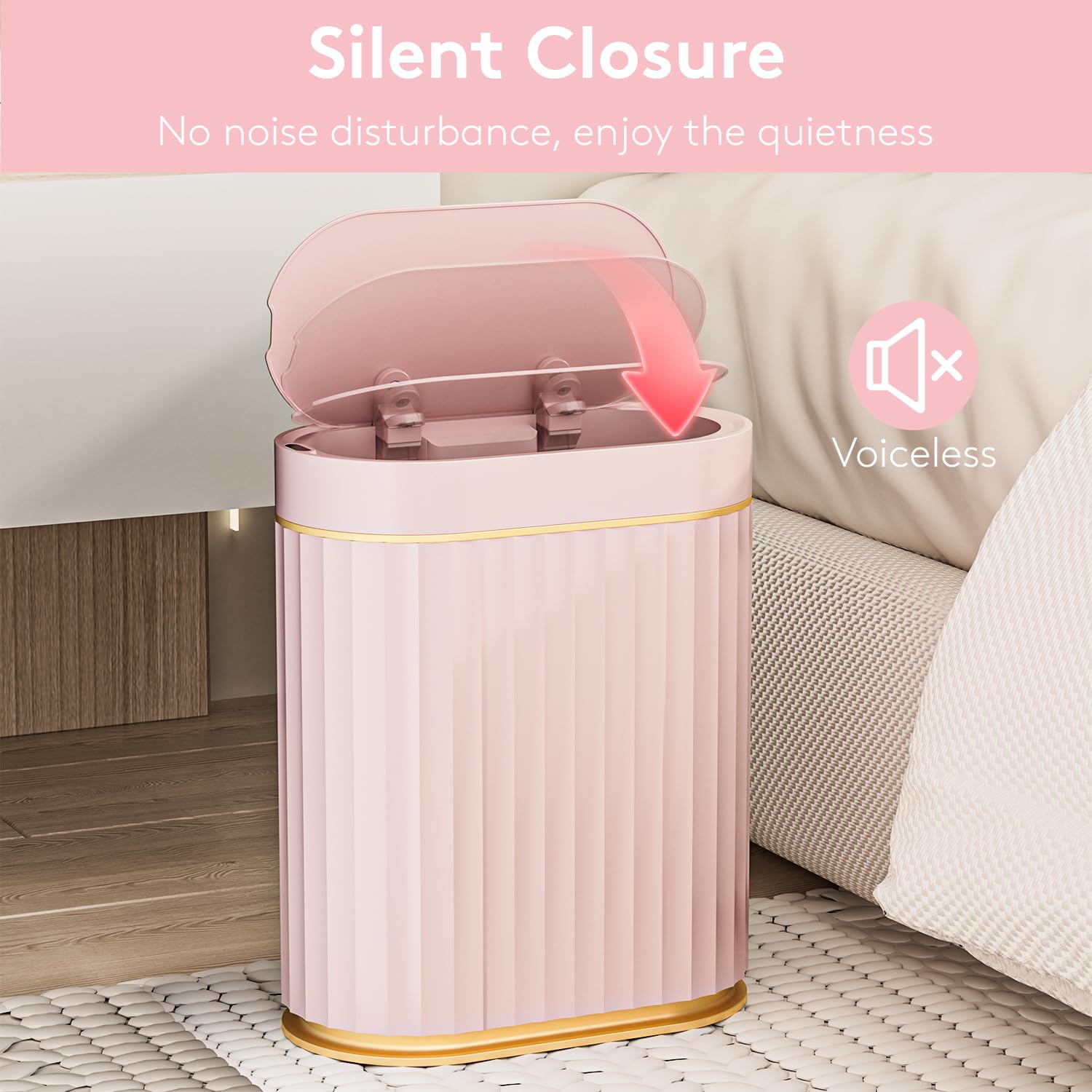 ELPHECO Mini Desktop Trash Can with Lid, Small Slim Automatic Garbage Can, 1.3 Gallon Motion Sensor Countertop Waste Basket for Bedroom, Office, Bathroom, White with Grey Trim