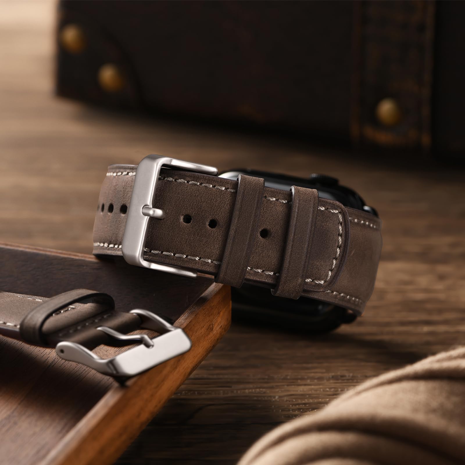 Bestig Compatible with Apple Watch Band 49mm 46mm 45mm 44mm 42mm(Series 3 2 1) Apple Watch Leather Bands Genuine Leather for iWatch Strap Ultra Series 10 9 8 7 6 5 4 SE Women Man-Redbrown/Black