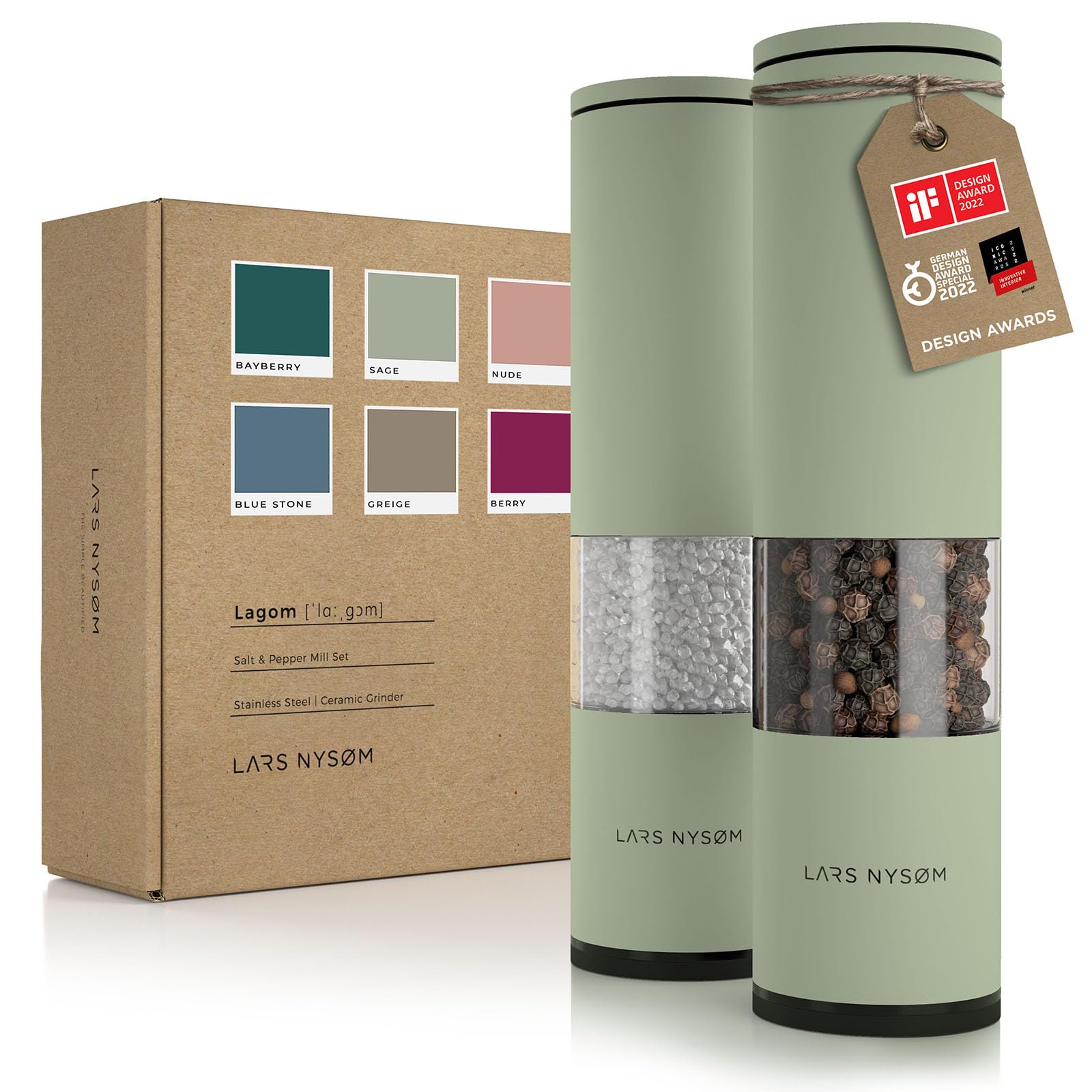 LARS NYSØM Salt and Pepper Mills Set Stainless Steel with Adjustable Ceramic Grinder 2 Pieces I Design Spice Mills Set Manual (Brown/Beige)