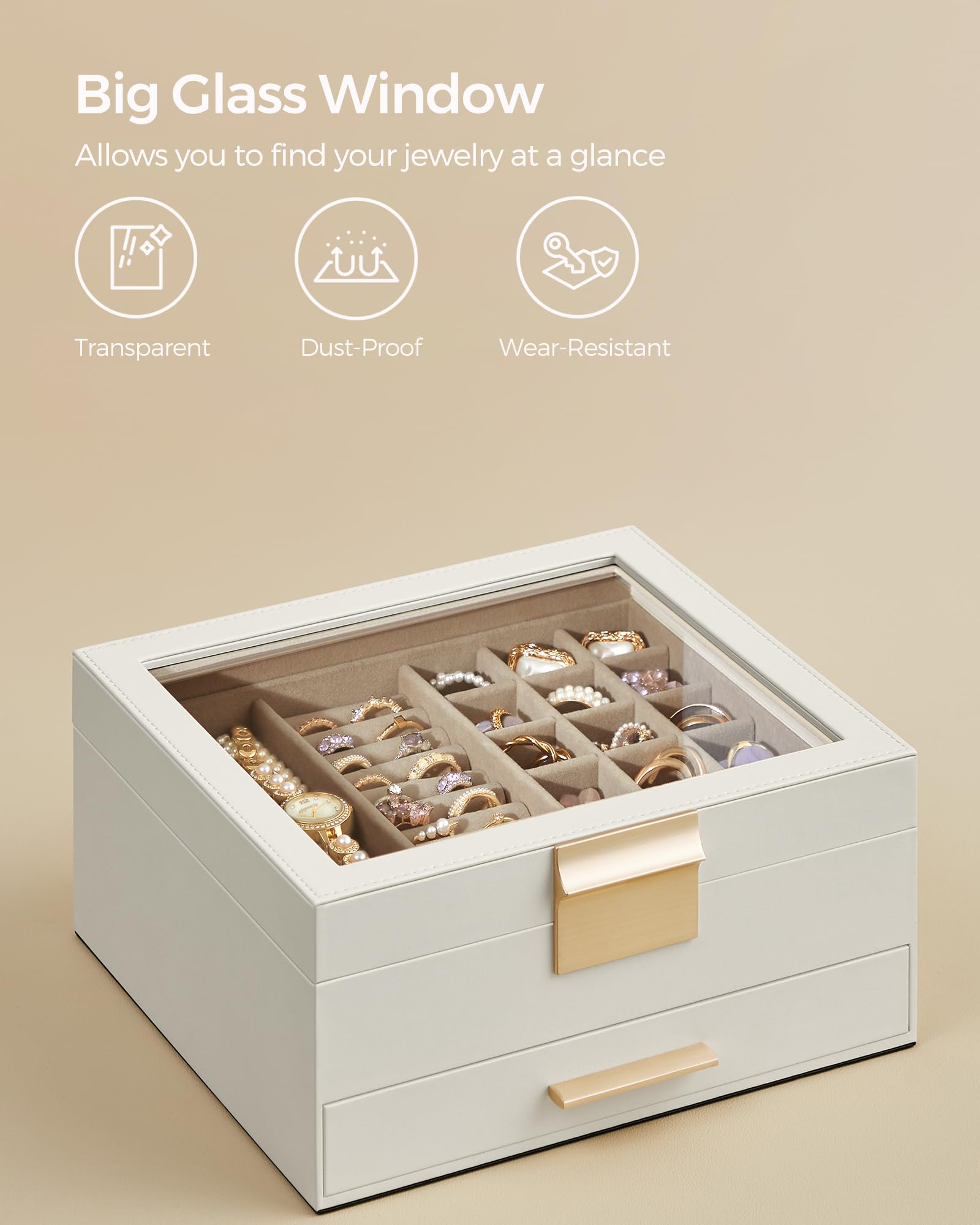 SONGMICS Jewelry Box with Glass Lid, 3-Layer Jewelry Organizer, 2 Drawers, for Big and Small Jewelry, Jewelry Storage, Modern Style, 8 x 9.1 x 5.3 Inches, Cloud White and Gold Color UJBC239WT