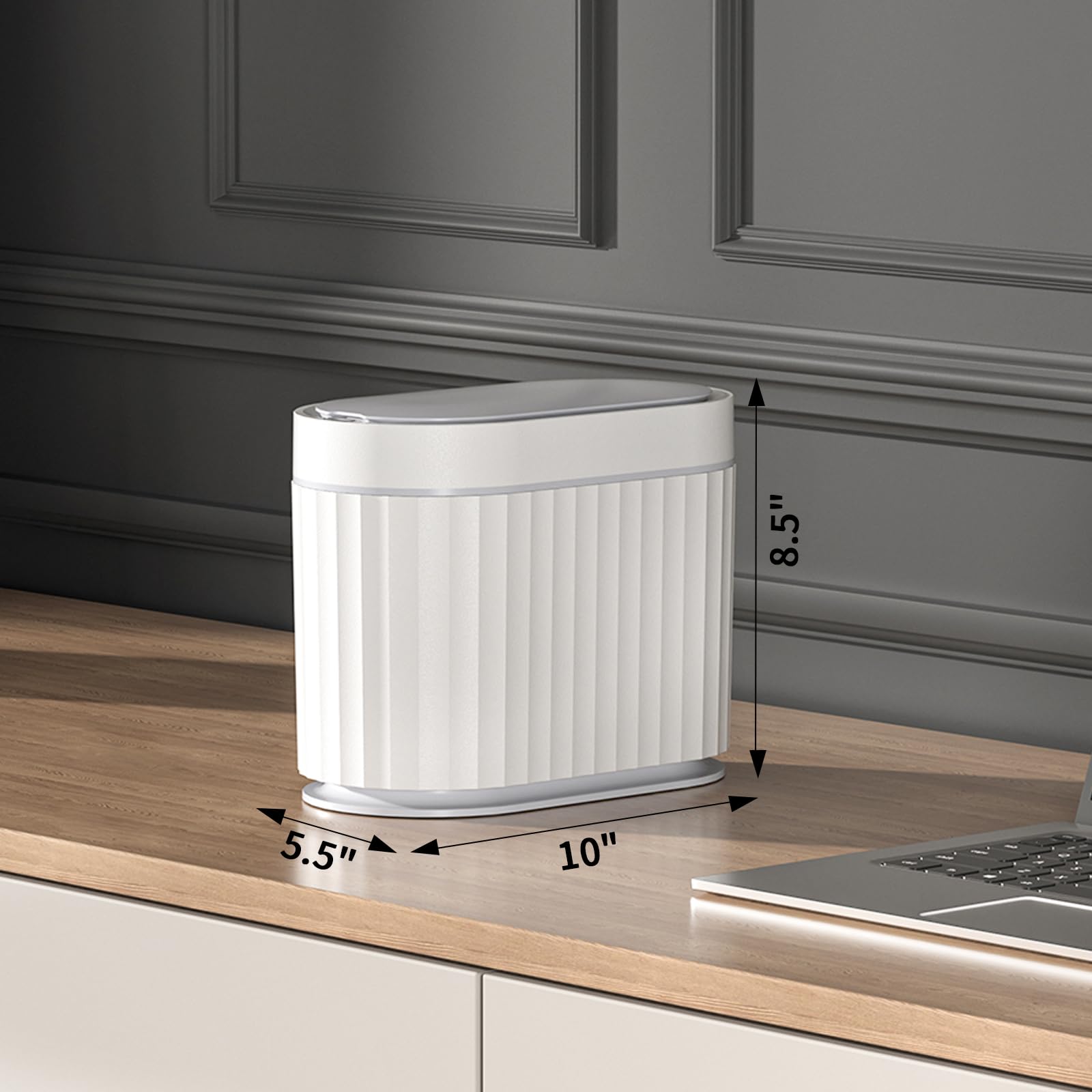 ELPHECO Mini Desktop Trash Can with Lid, Small Slim Automatic Garbage Can, 1.3 Gallon Motion Sensor Countertop Waste Basket for Bedroom, Office, Bathroom, White with Grey Trim