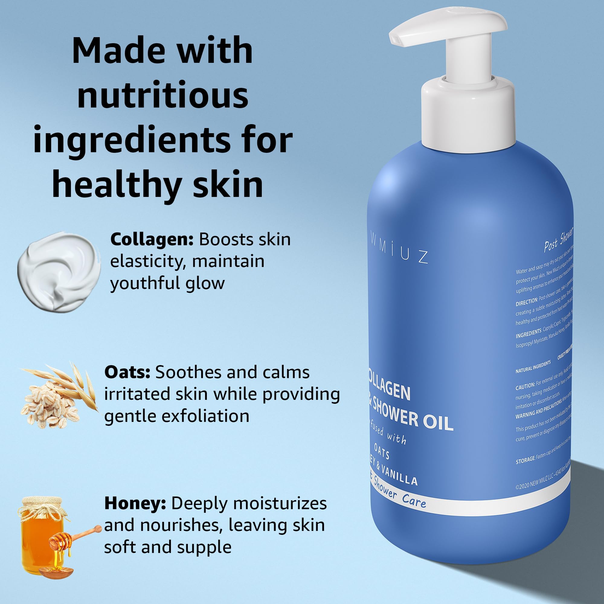 Collagen Shower Oil Body Wash - Natural Post Shower Care For Dry Skin in Shower Cleansing & Softening Moisturizing lotion Body & Legs Non Greasy Oatmeal Honey Vanilla Spa Self Care Spa Gift 10 Fl. Oz