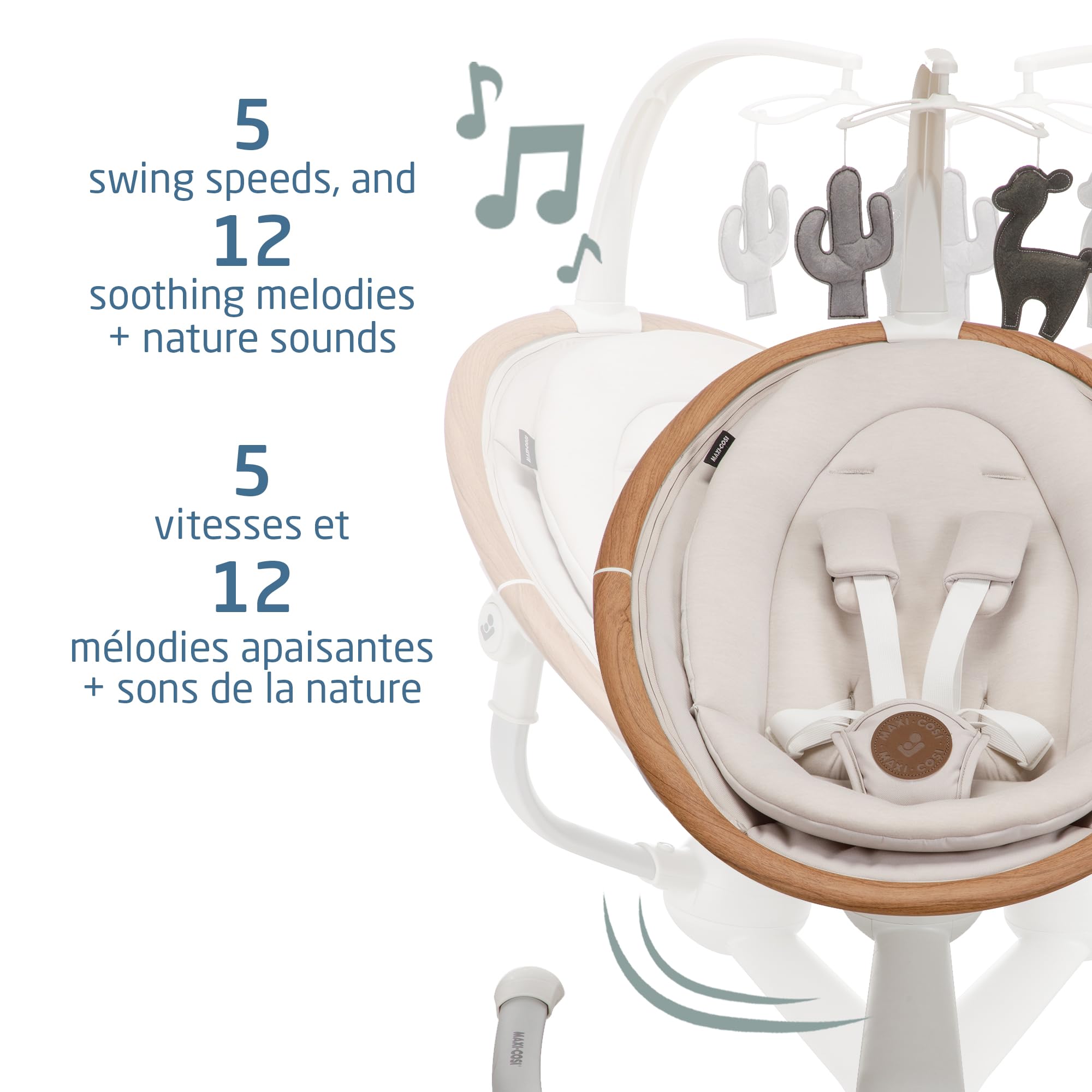 Maxi-Cosi Cassia Baby Swing, infant swing, automatic motion sensor, music, toys, recline, portable, 360 degree rotation, lightweight & foldable, Horizon Sand