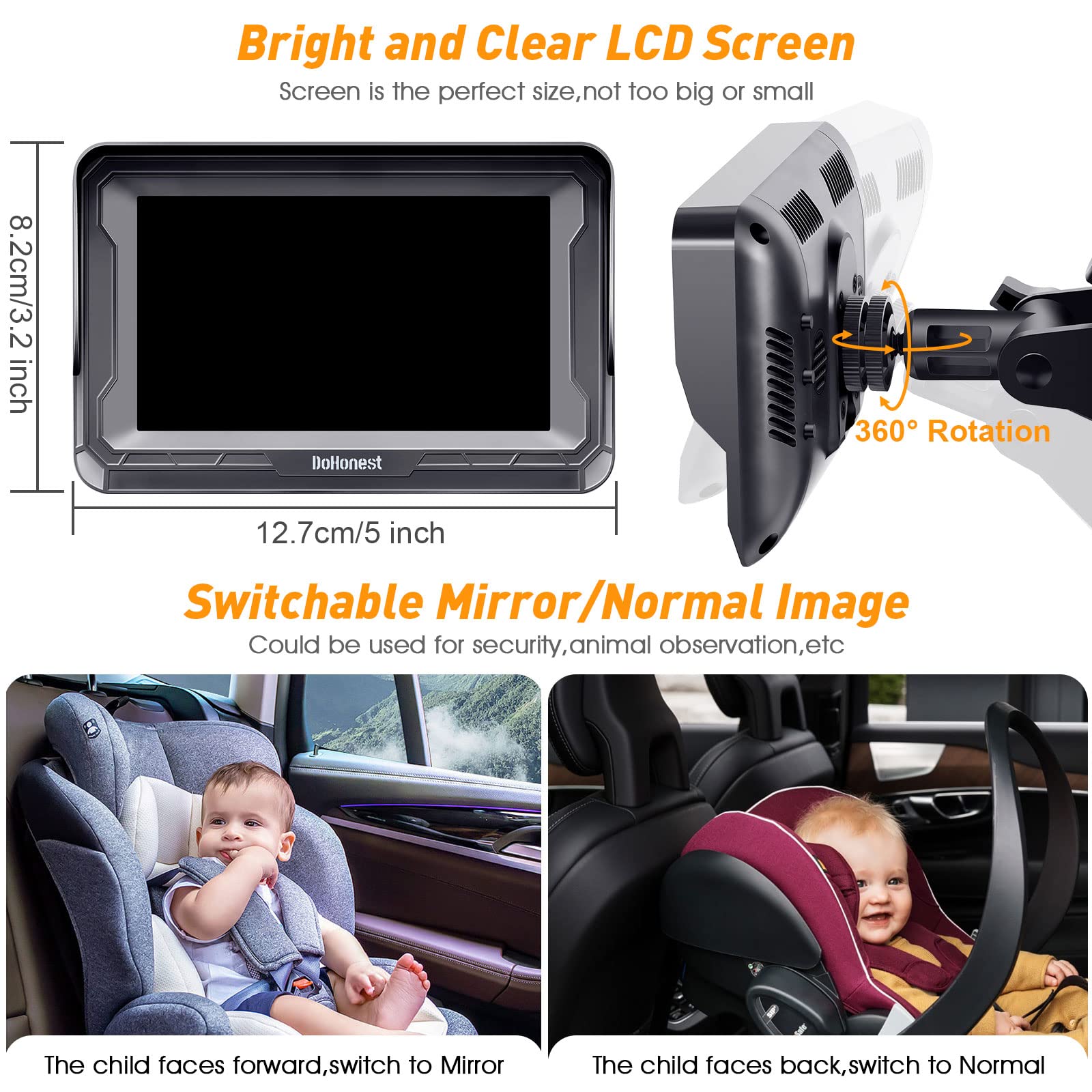DoHonest Baby Car Camera 7-Inch: USB Plug and Play Easy Setup 360 Degree Rotating Backseat Camera Two Kids HD 1080P Rear Facing Car Seat Camera Clear Night Vision -V9 Black