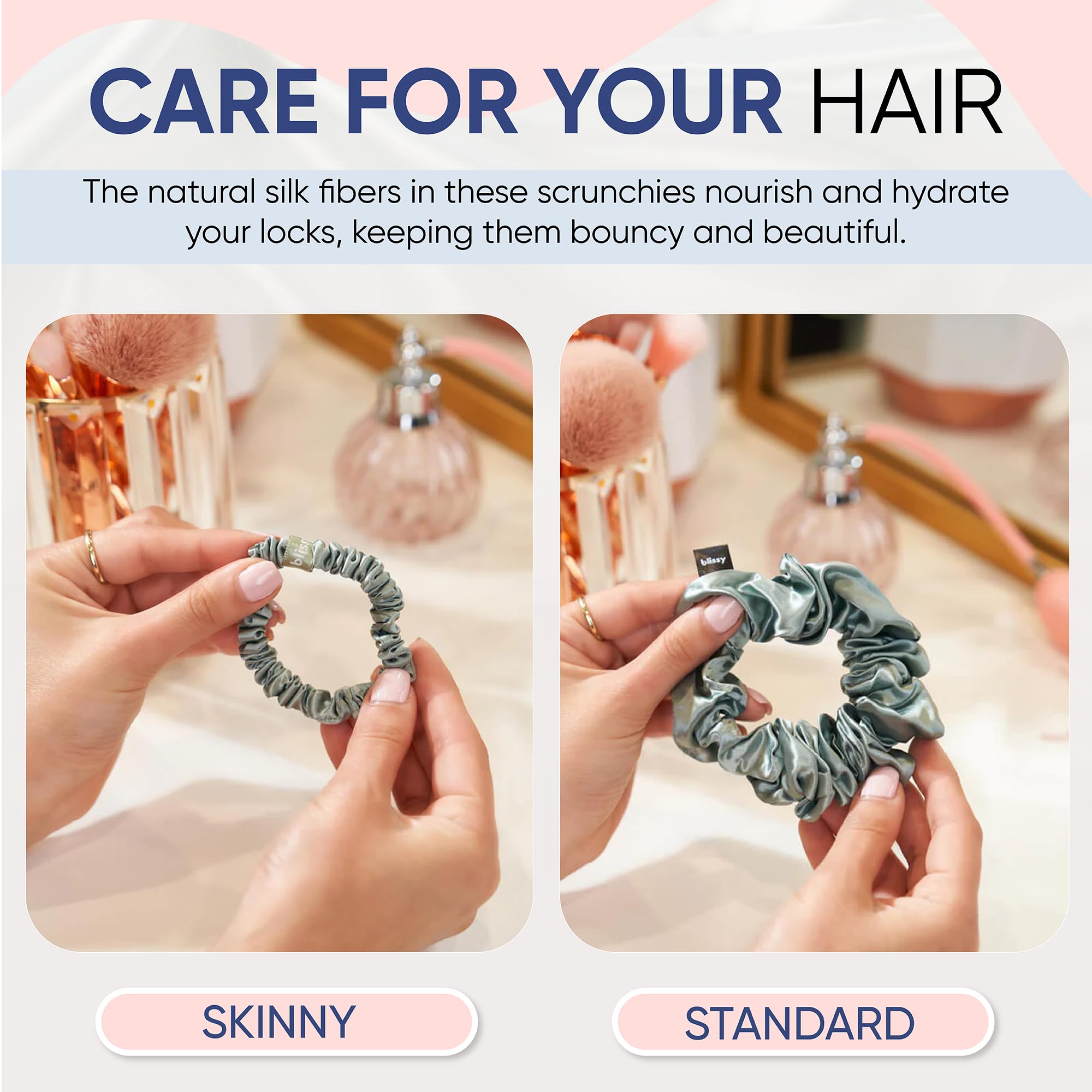 Blissy Silk Scrunchies (3 Pack) - 100% Pure Mulberry Silk - 22 Momme 6A High-Grade Fibers - Silk Scrunchie for Straight & Curly Hair - Preventing Breakage, Tangling, & Creasing (Rose Skinny)