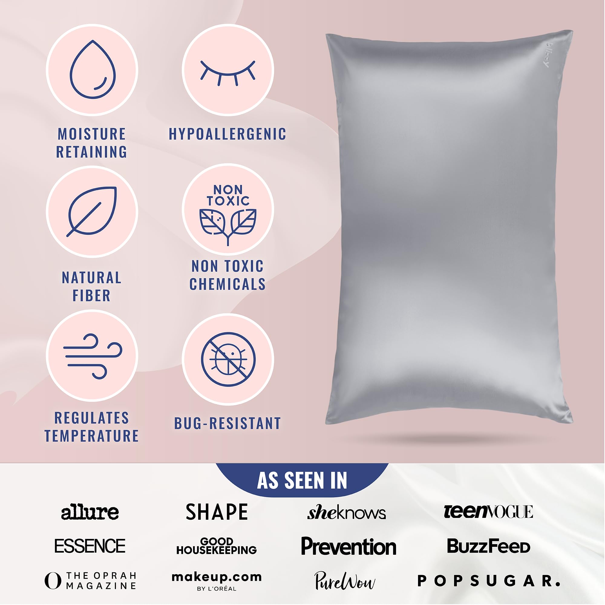 Blissy Silk Pillowcase - 100% Pure Mulberry Silk - 22 Momme 6A High-Grade Fibers - Silk Pillow Cover for Hair & Skin - Regular, Queen & King with Hidden Zipper (Standard,Blissy White)