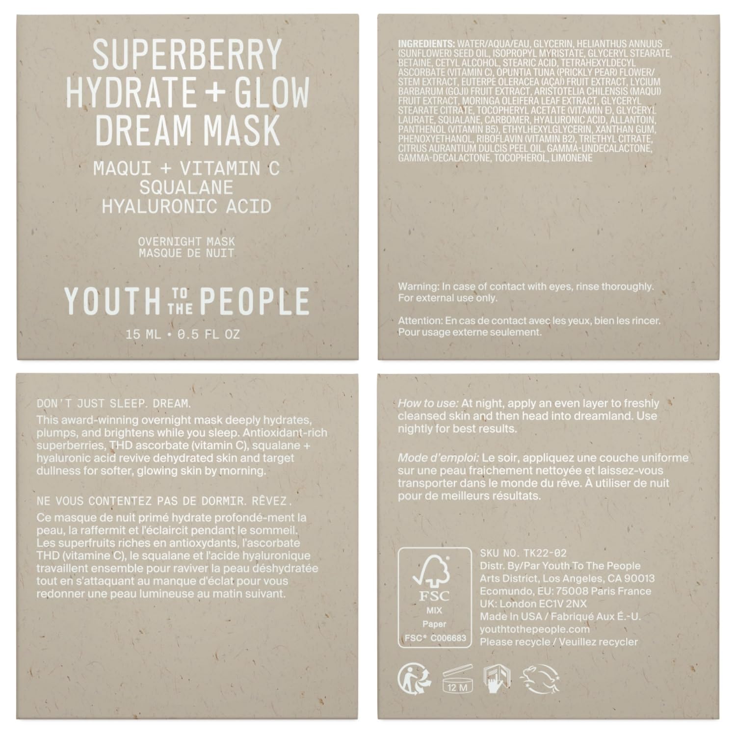YTTP Hydrate + Glow Dream Overnight Face Mask - Brightening Skin Care Cream & Moisturizing Facial Mask with Hyaluronic Acid, Vitamin C & Squalane Oil for Even Skin Tone - Vegan Skincare (2oz)