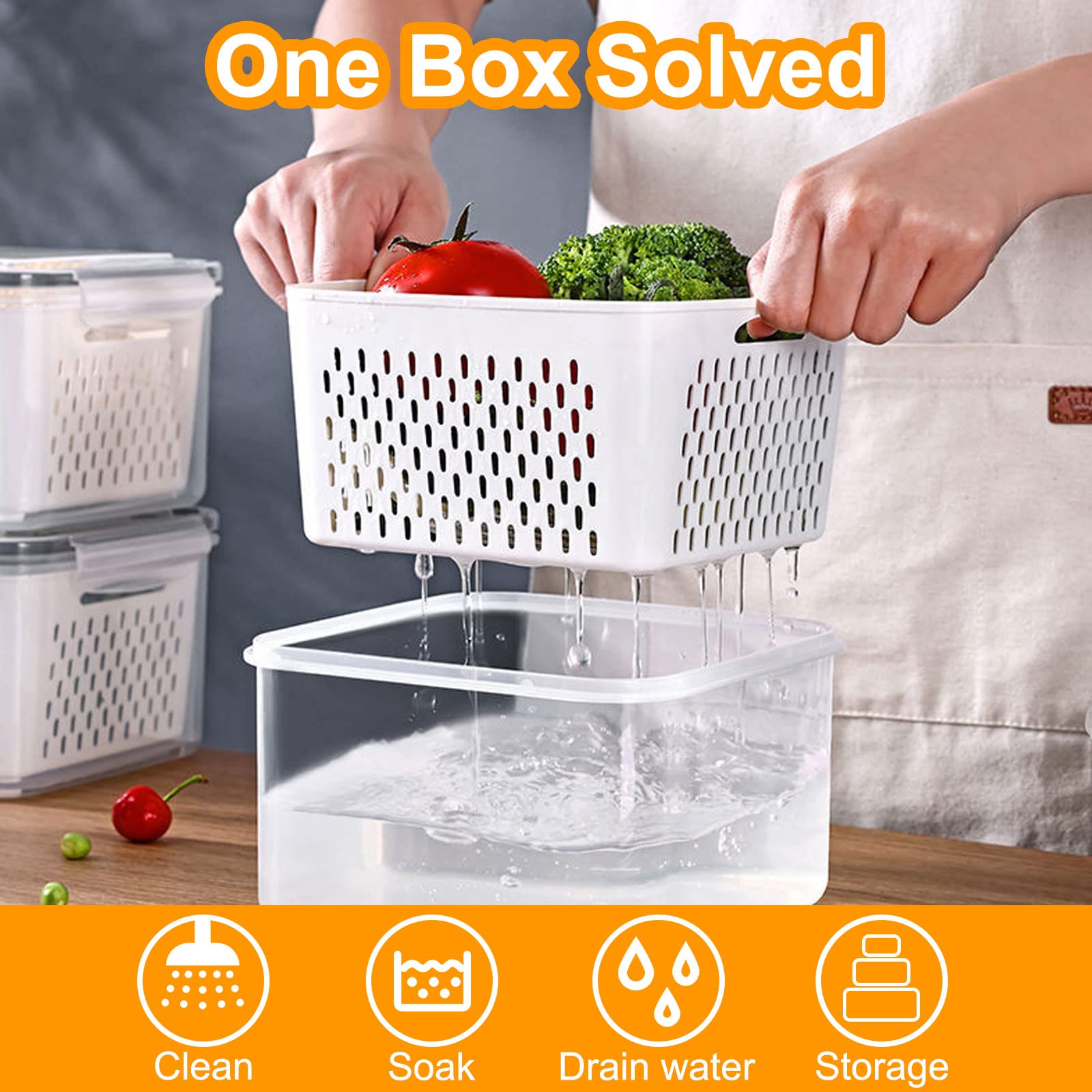 Fresh Food Storage Containers, 3 Pack Large Capacity Produce Saver Box with Drain Baskets & Lid for Vegetable and Fruit - BPA Free Stackable Refrigerator Organizer for Kitchen (0.8L+1.7L+3.15L)
